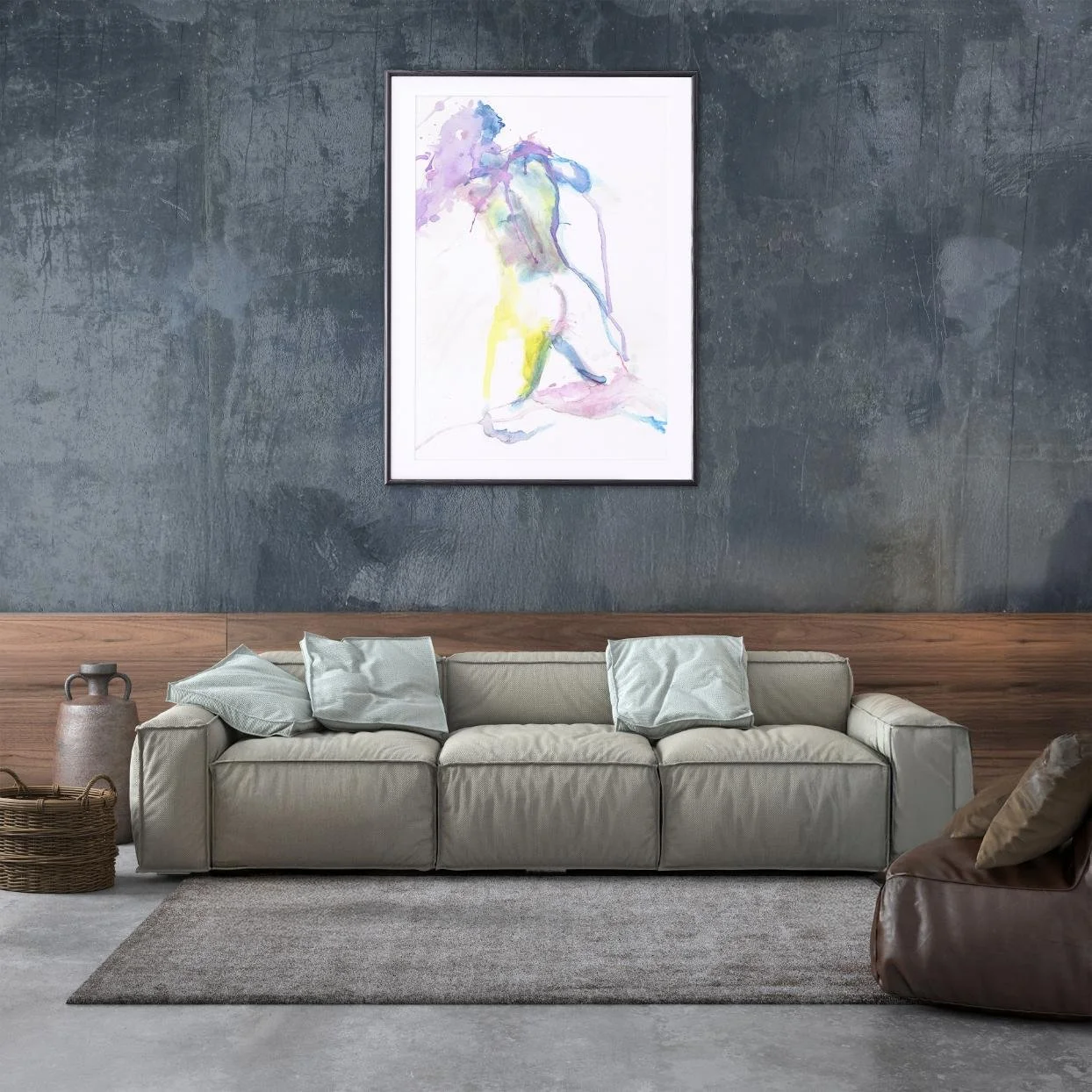 The "Body" painting in a contemporary living room with dark blue textured walls and a soft gray couch, highlighting the art’s fluid, colorful energy.