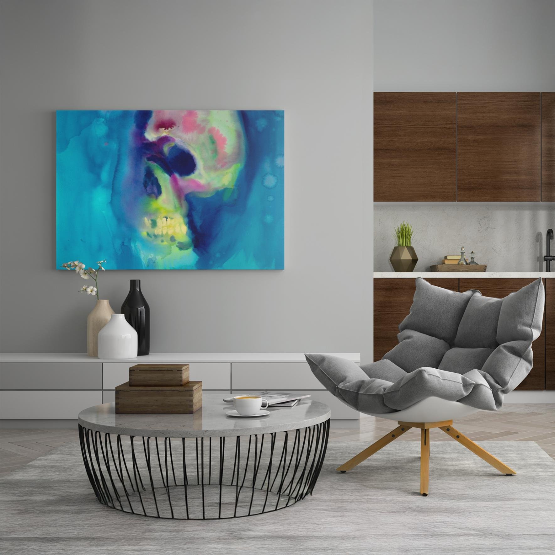 Vivid skull painting in a misty sea of saturated blues, soft pinks, and electric greens, framed above a bold red sofa.