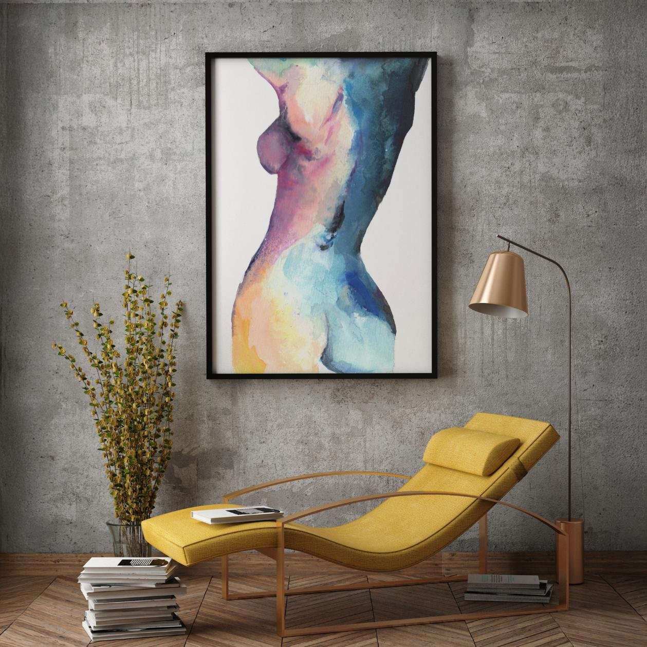 Blue Pink Back artwork in a cozy room with a yellow lounge chair, featuring textured concrete walls and warm lighting.
