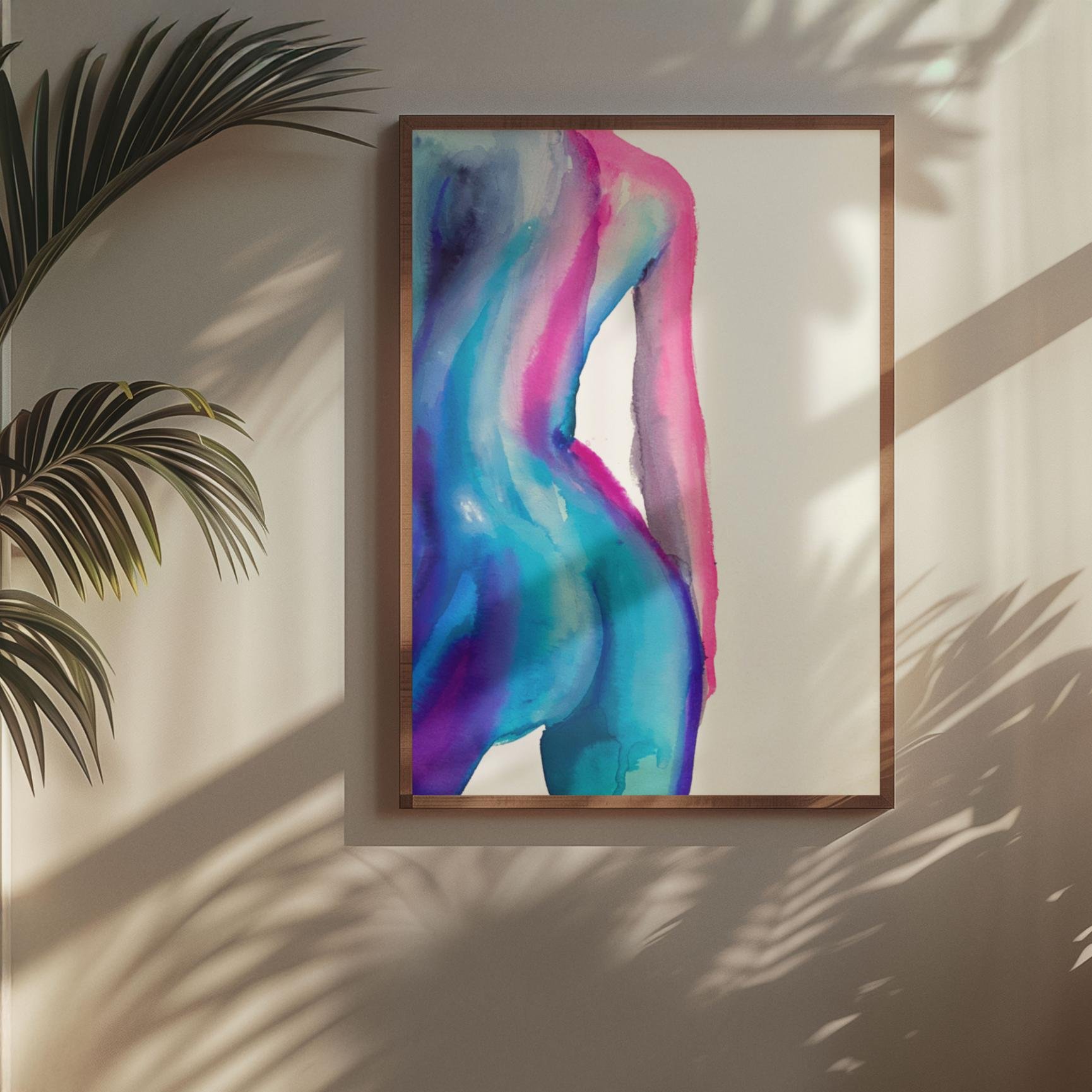 “Aqua Back” framed in wood and displayed in a warm, sunlit room with palm shadows on the wall, creating a tranquil, tropical atmosphere.