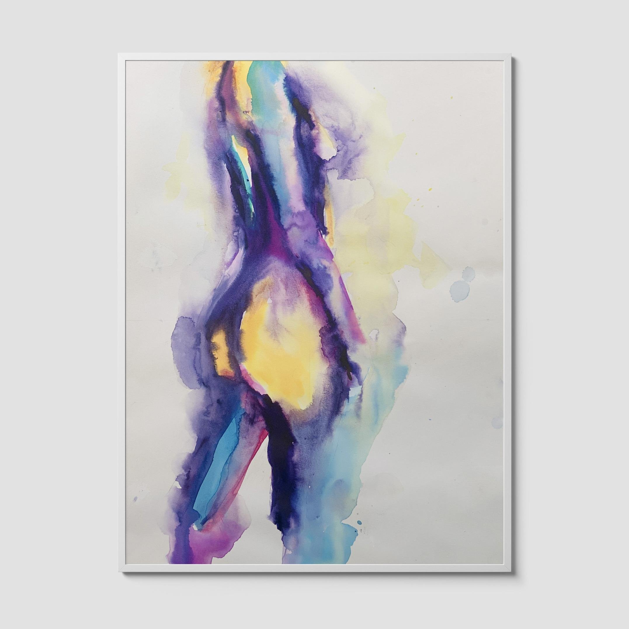 Vertical watercolor painting of an abstract nude figure in purples, yellows, and blues, softly blending into a pale background.