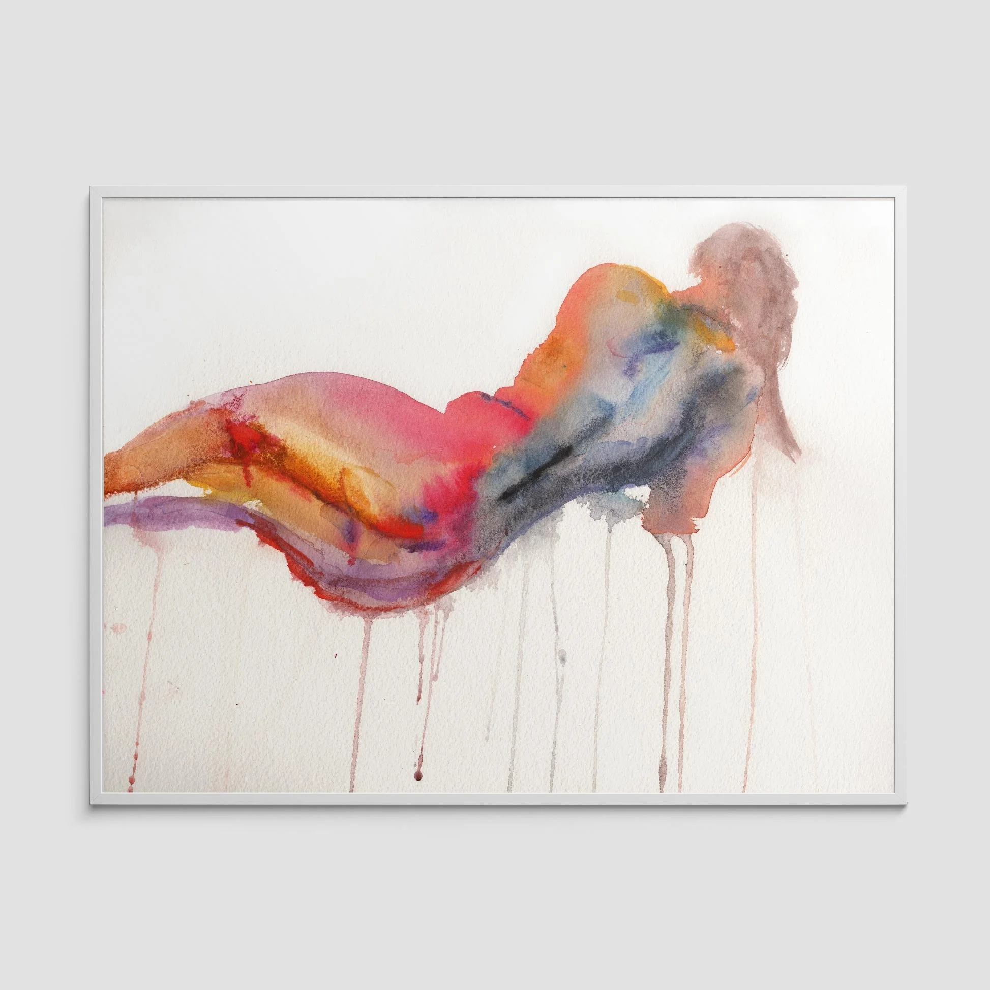Conflicted, an emotional abstract nude watercolor painting by Nick Horvath, featuring a reclining figure in soft red, gold, and blue tones with drips.