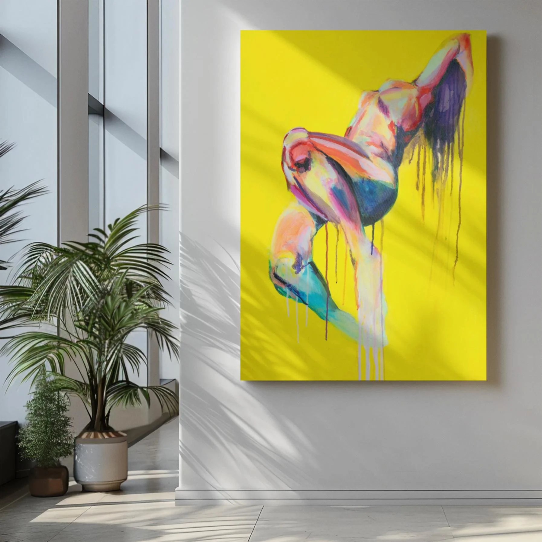 Skyfall painting displayed in a bright hallway with lush plants and soft window light casting dramatic shadows.