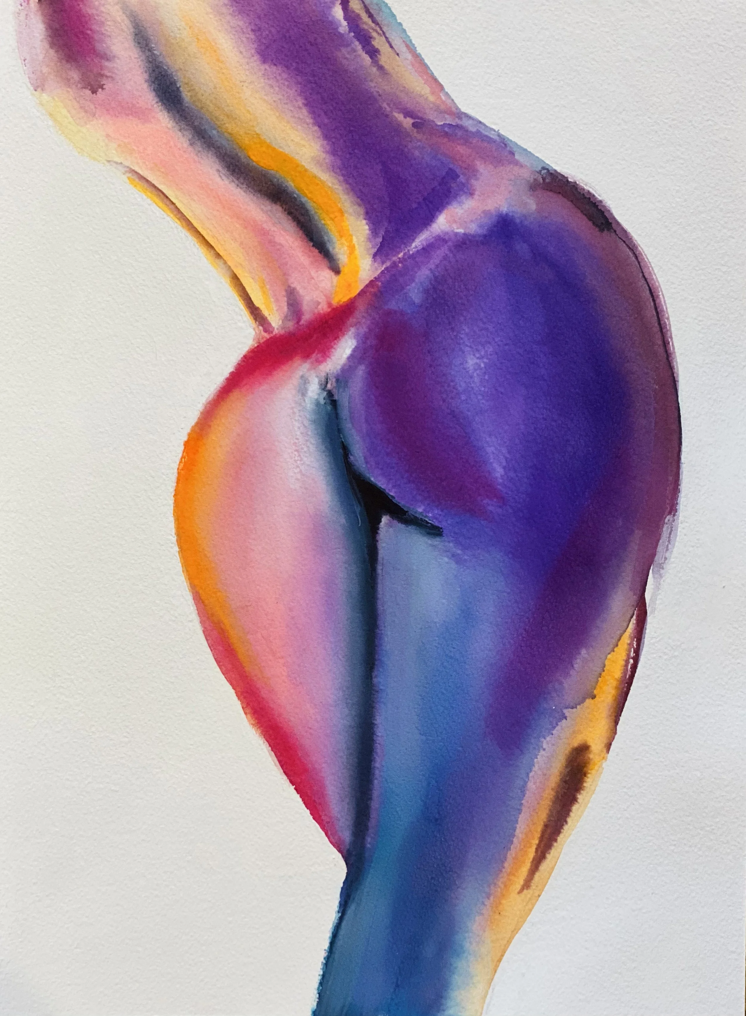 Colorful abstract painting of a human nude back and hip in purple, pink, blue, yellow, and orange shades.