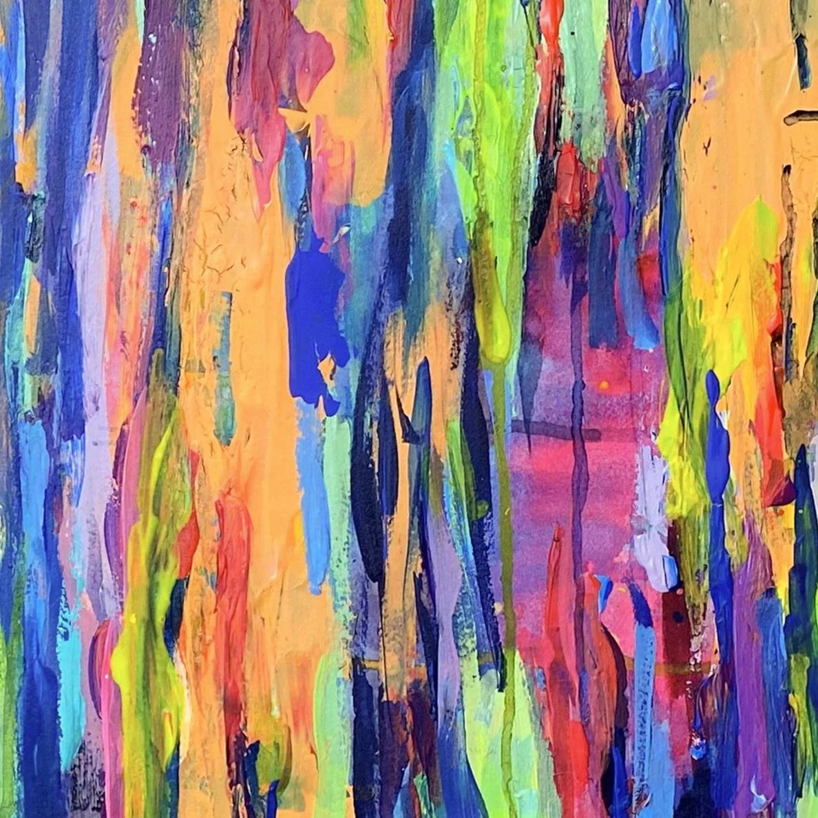 Close-up detail of “Shimmer,” showcasing bold brushstrokes and layered textures in vibrant hues of cobalt blue, magenta, neon green, and orange.