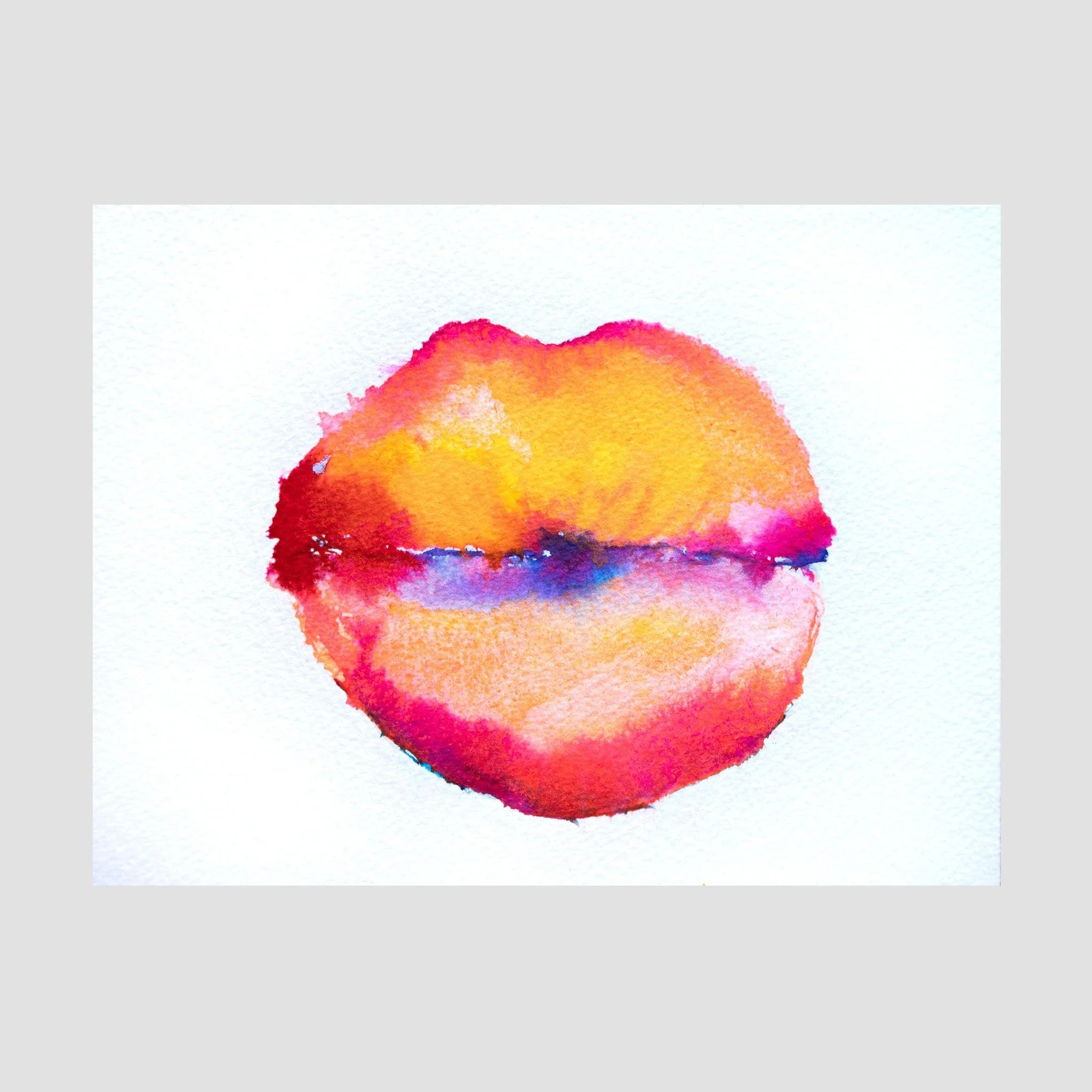 A bold set of lips painted in fiery reds, orange, and pink, softly blending with hints of purple and violet on white background.