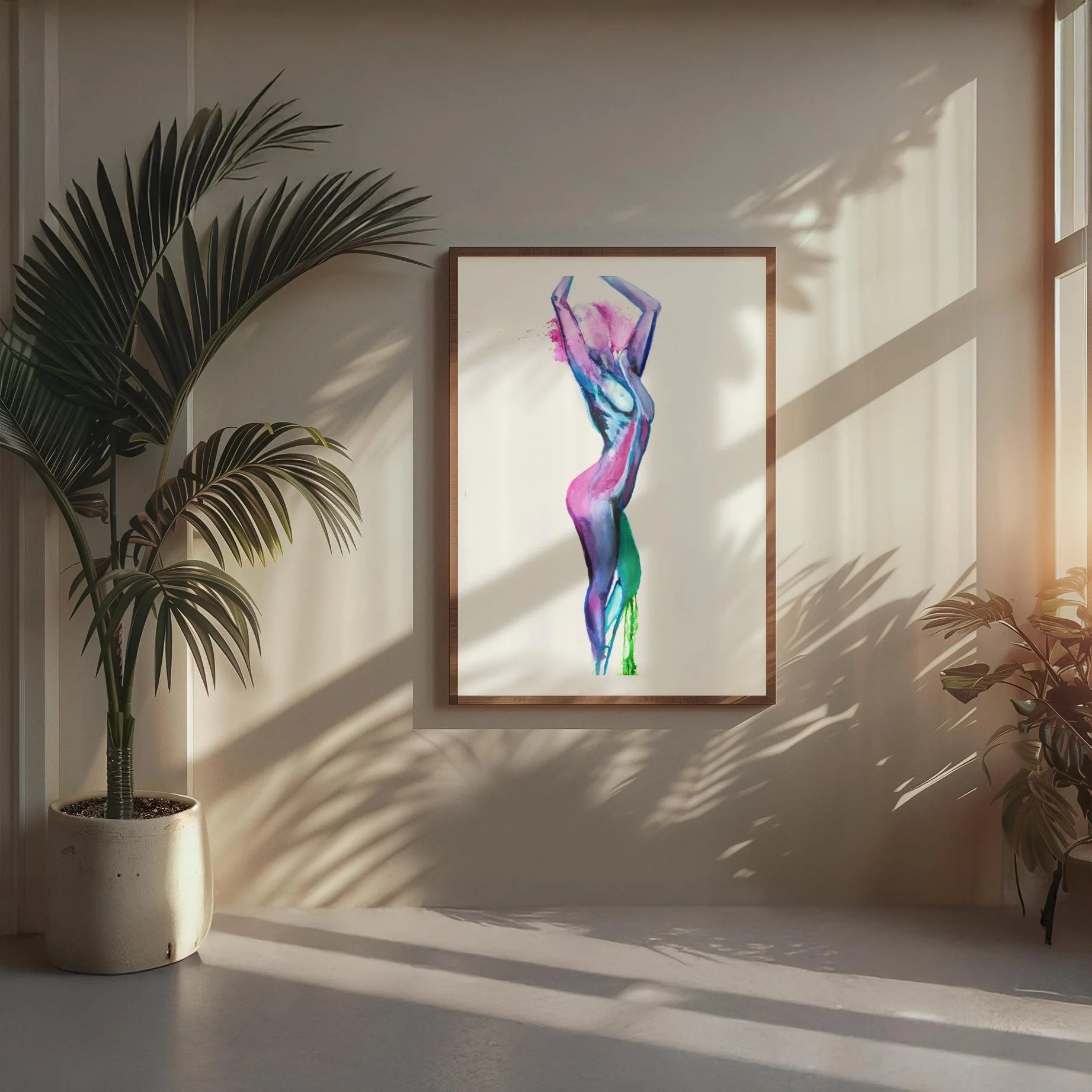 “Lotus” in a sunlit room with soft shadows and tropical plants, framed in natural wood and radiating warmth and serenity in a stylish minimalist setting.