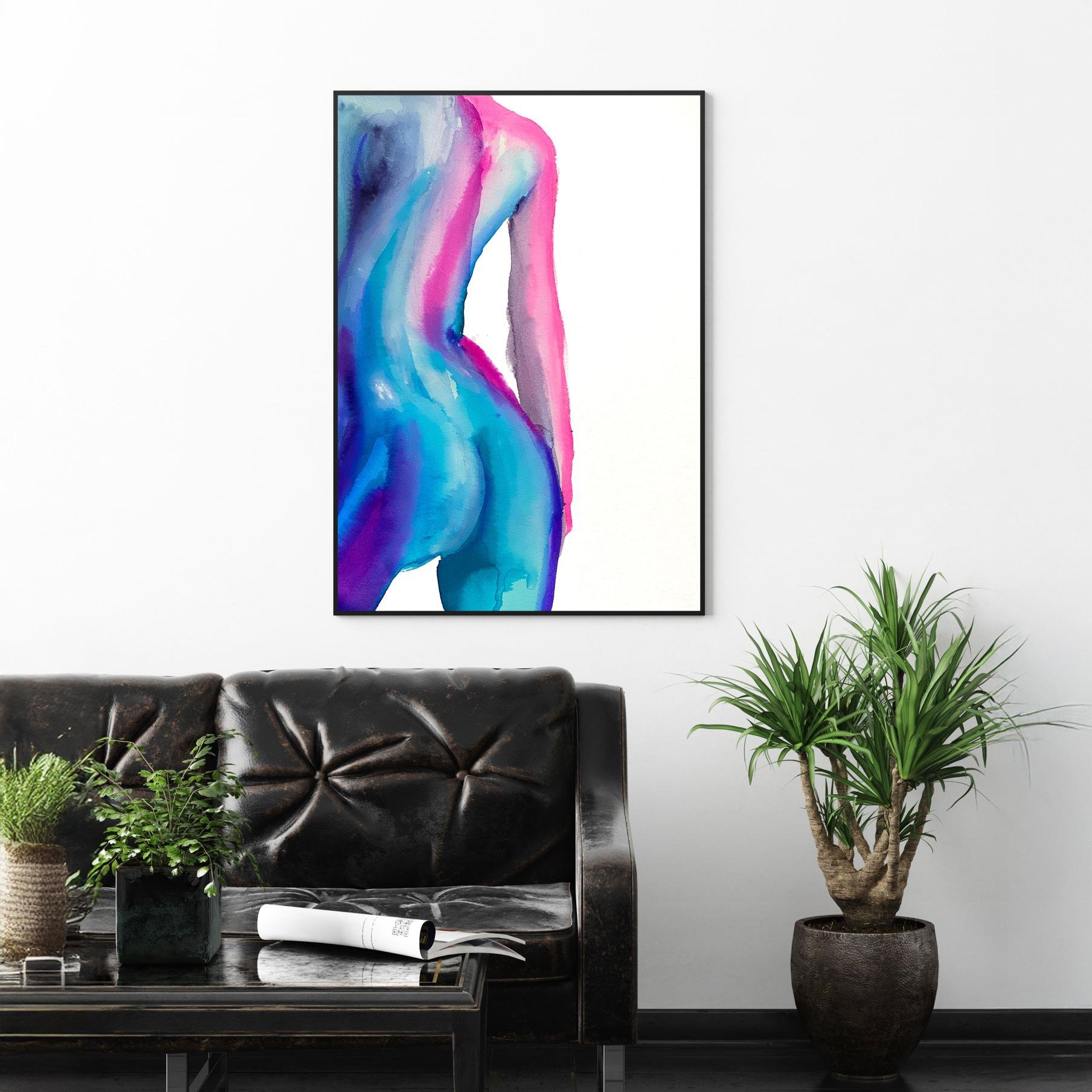 “Aqua Back” displayed in a bold, modern living space above a black leather sofa and beside a lush potted plant, balancing sensuality with contemporary design.