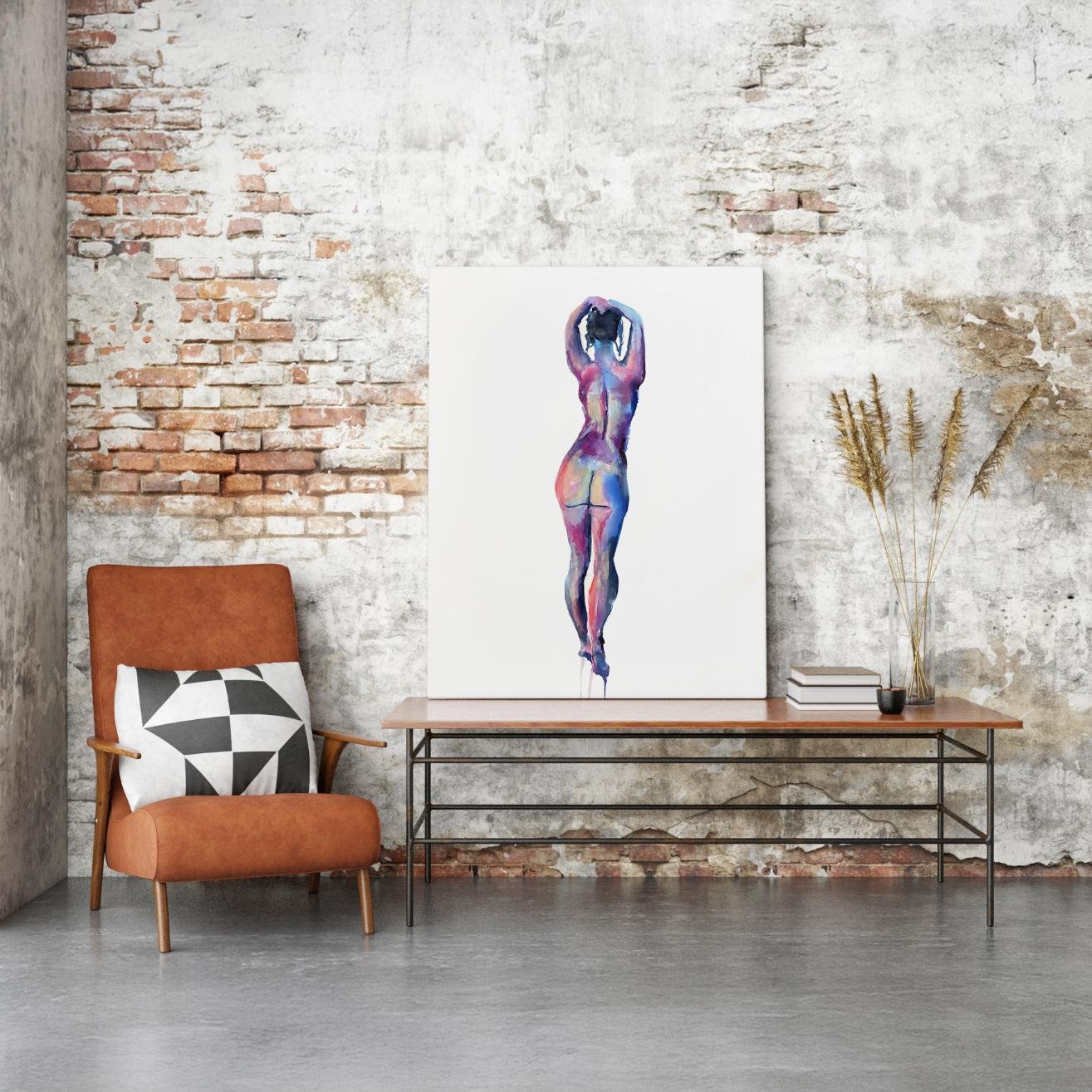 “Radiant Elegance” placed on a wooden bench against a distressed brick and plaster wall, paired with a rust-colored chair and dried botanicals for a warm, rustic-modern setting.