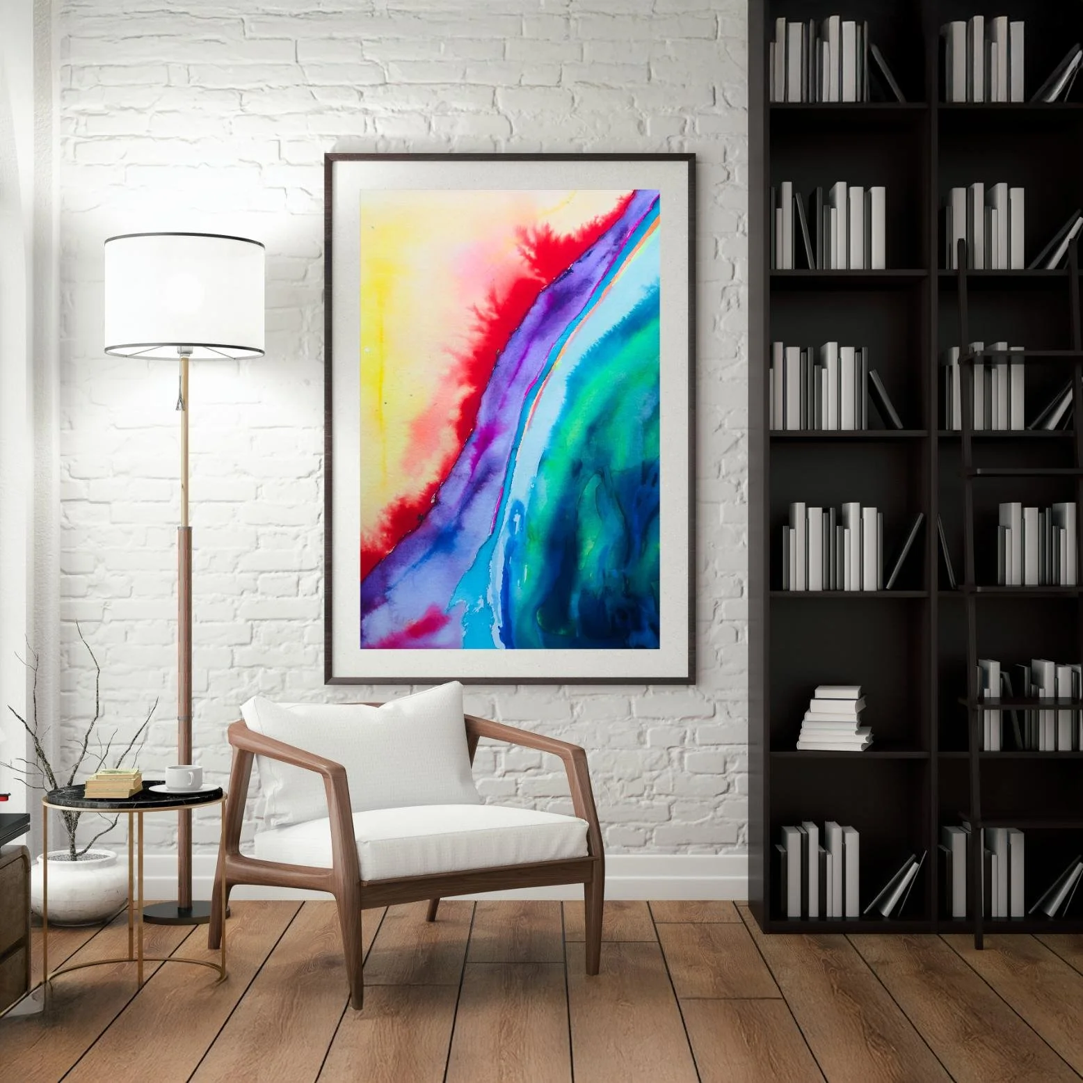 Red Iris enhances a quiet library corner with fiery reds and cooling greens, bringing a sense of calm motion and contrast to the white brick wall.