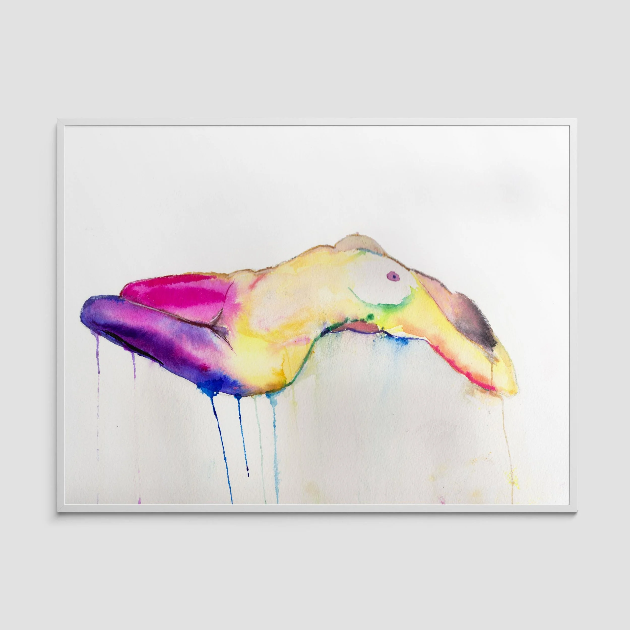 Lady Popsicle, a colorful abstract nude watercolor painting by Nick Horvath, featuring vibrant tones of purple, pink, yellow, and green with a dripping effect.