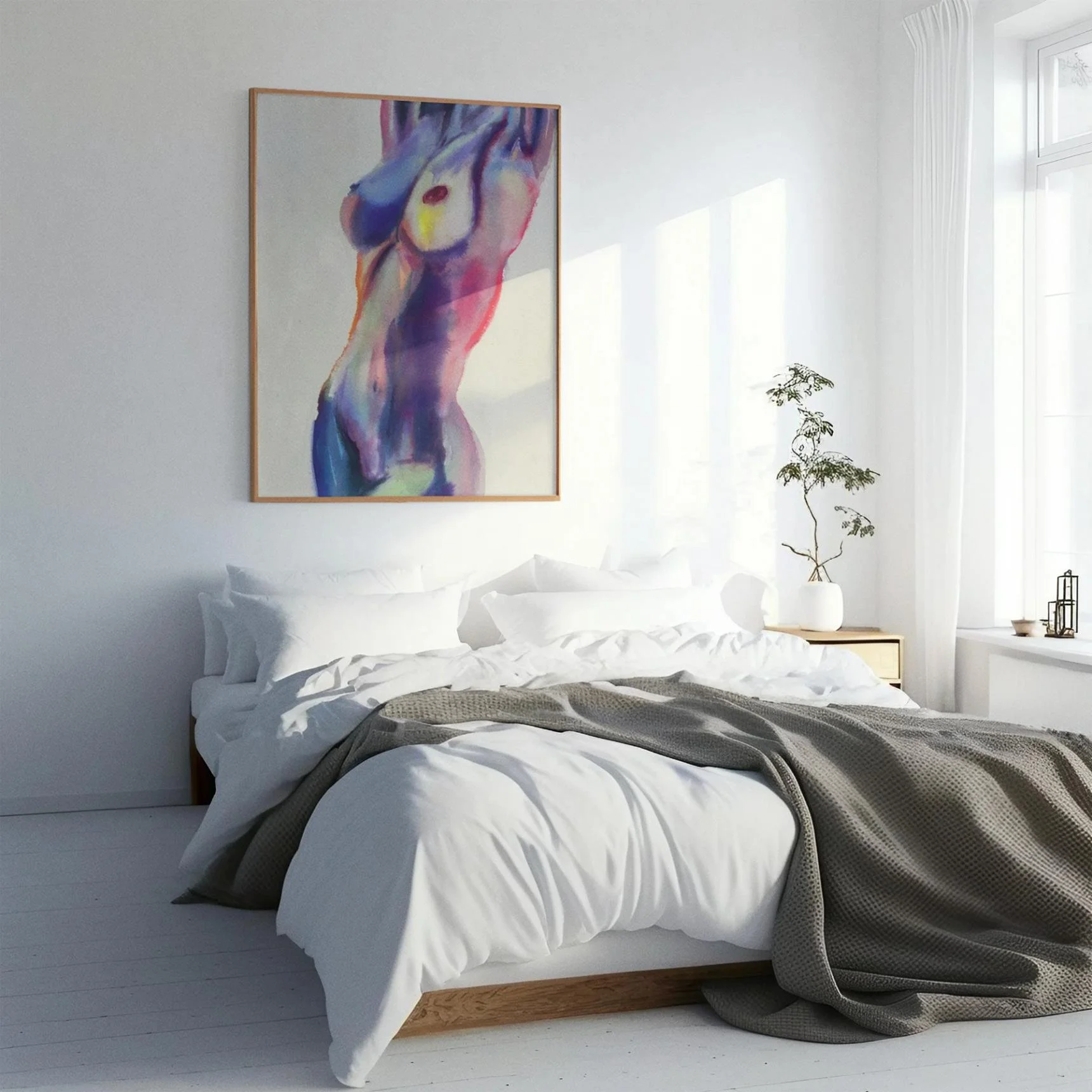 Large framed watercolor nude titled “Sultry” hanging above a minimalist bed in a bright bedroom, adding sensual elegance and artistic vibrance to the space.