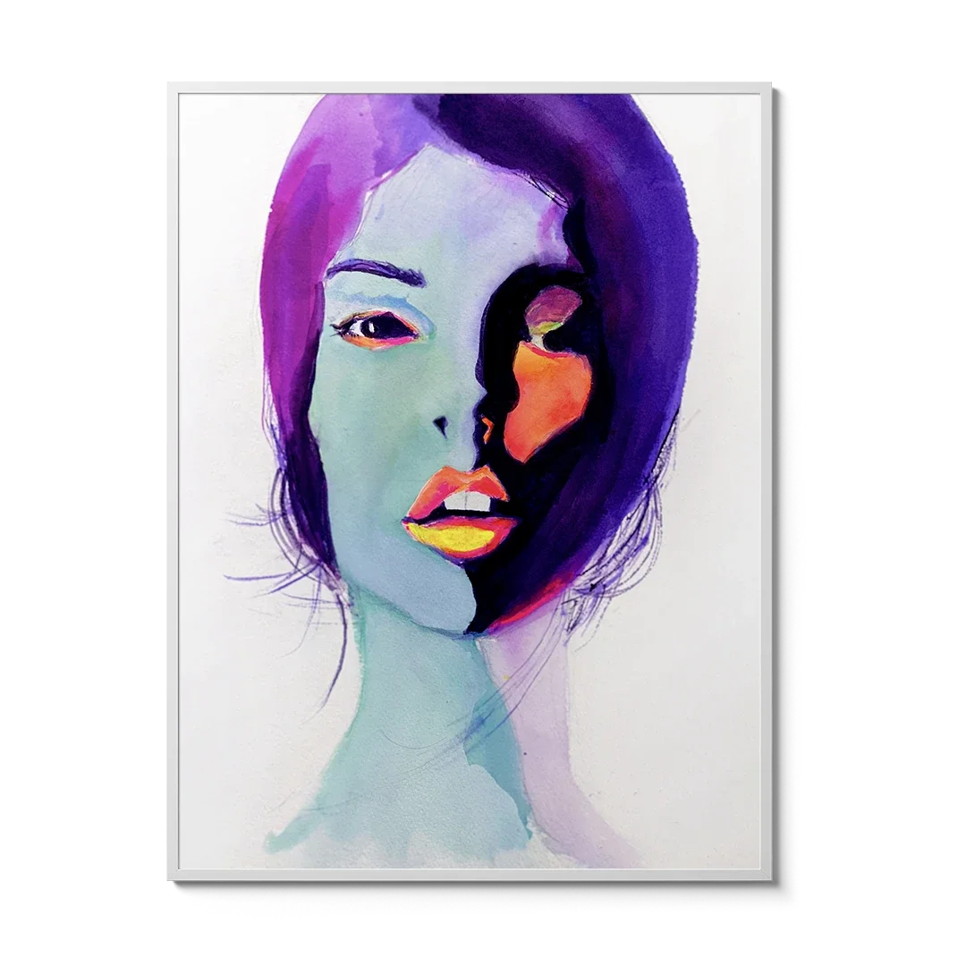 Colorful watercolor portrait of a woman with purple hair and expressive abstract shadows by artist Nick Horvath.