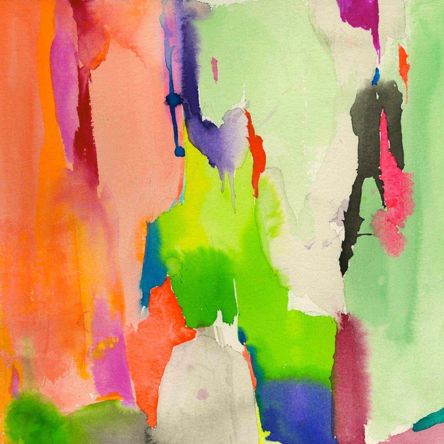 Detail of watercolor layers in Color Cracks, showcasing bleeds of orange, violet, lime, and black with delicate paper texture and soft gradients.