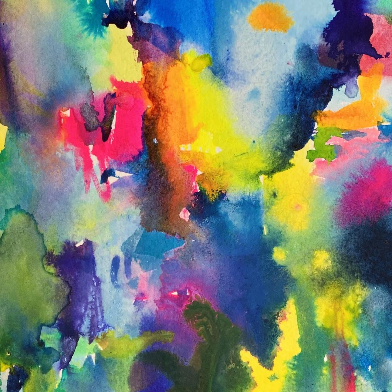 A close look at Twilight in the Park reveals layers of watercolor blooming in pink, indigo, and chartreuse with soft textures and bold contrasts.