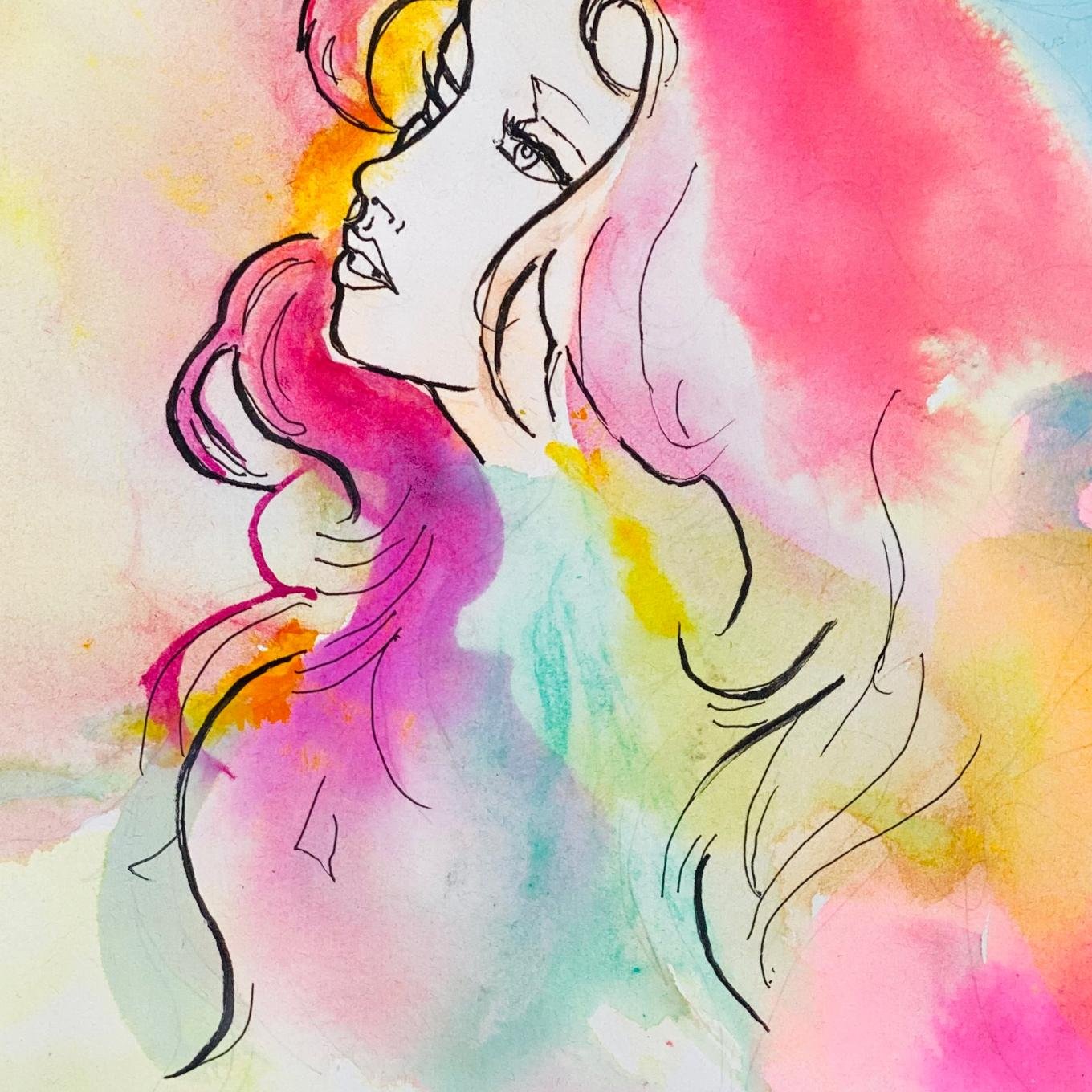 Close-up of watercolor face and hair details from the artwork Bliss, featuring pink, purple, and turquoise hues.