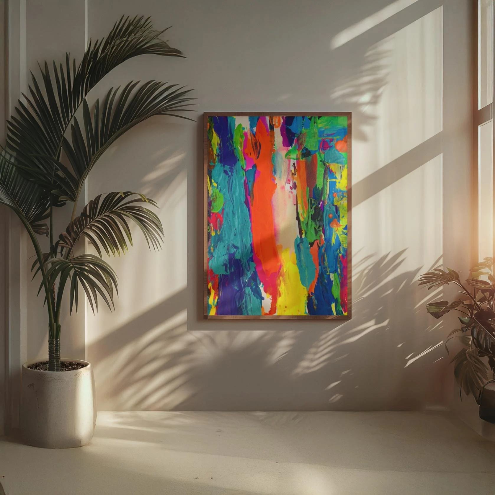 The painting Clash glows in golden sunlight, surrounded by tropical plants and soft shadows in a cozy, minimalist corner.