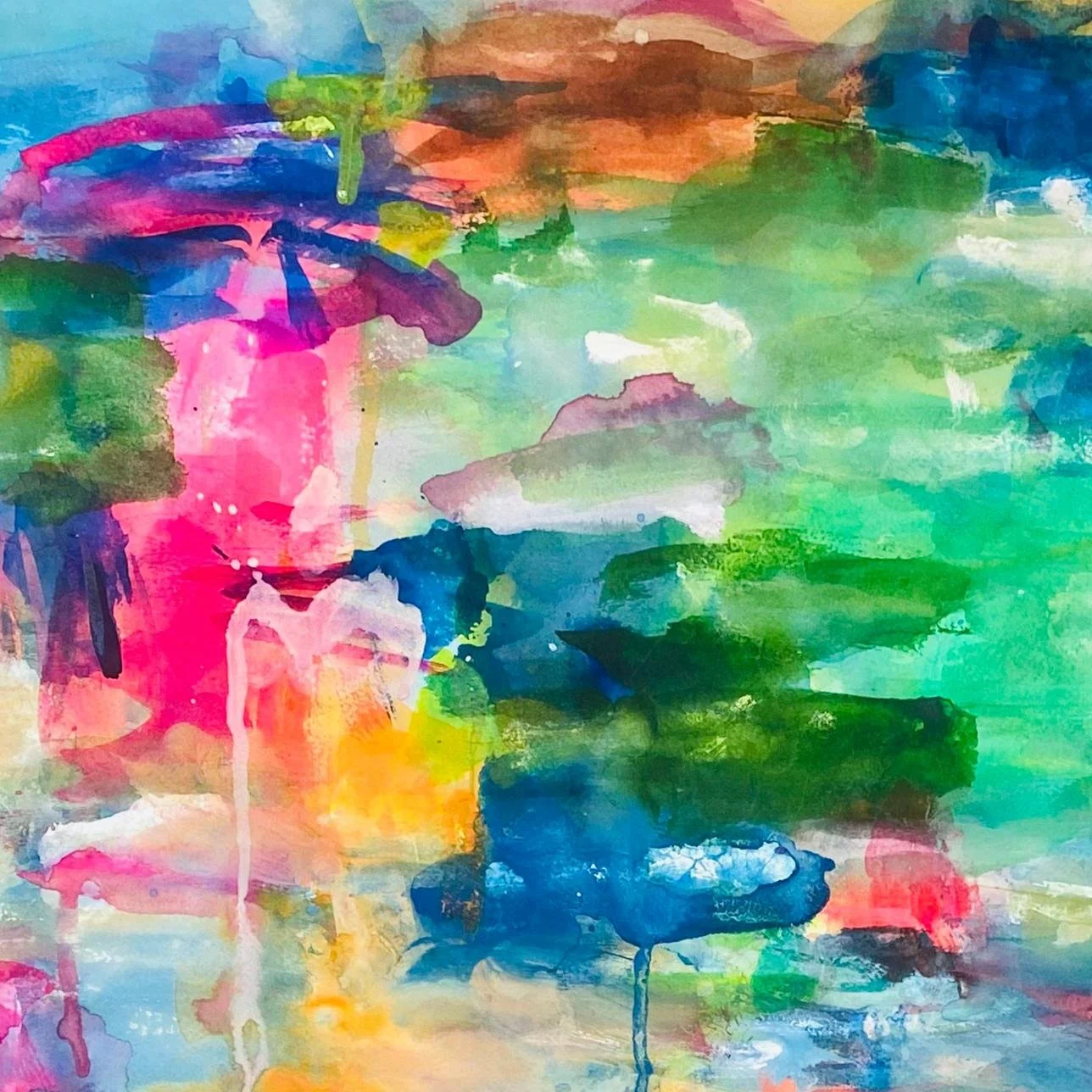 Close-up detail of “Cascade,” highlighting rich textures and dynamic color blending in vivid blues, greens, and magentas with delicate paint drips and fluid forms.