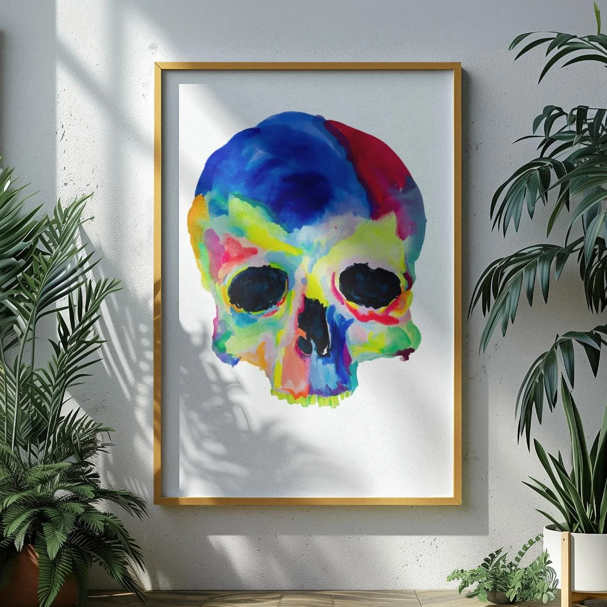 Colorful skull art in a minimalist room surrounded by plants, framed in gold.