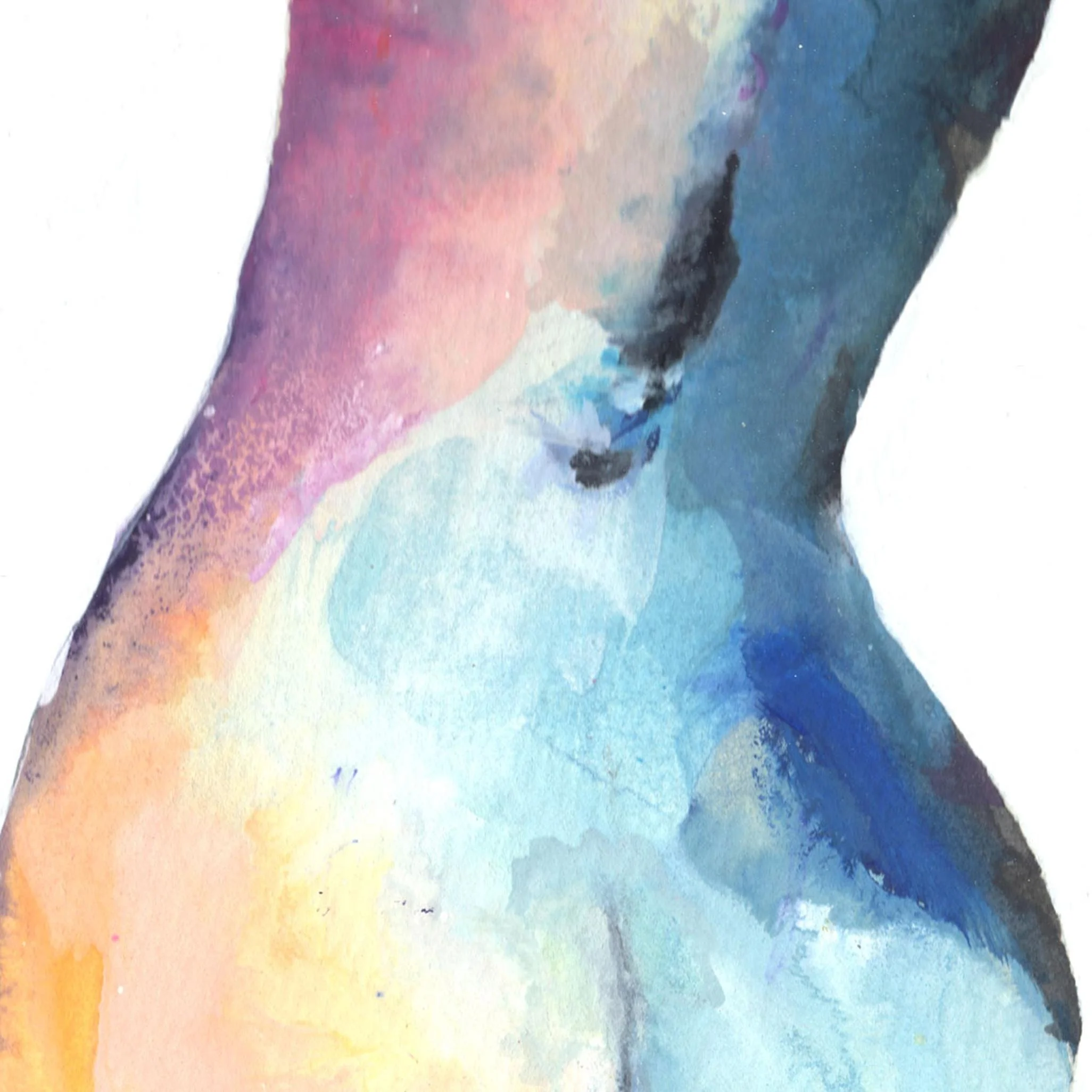 Close-up of the colorful lower back area, highlighting rich watercolor textures in layered blue, pink, and yellow shades.