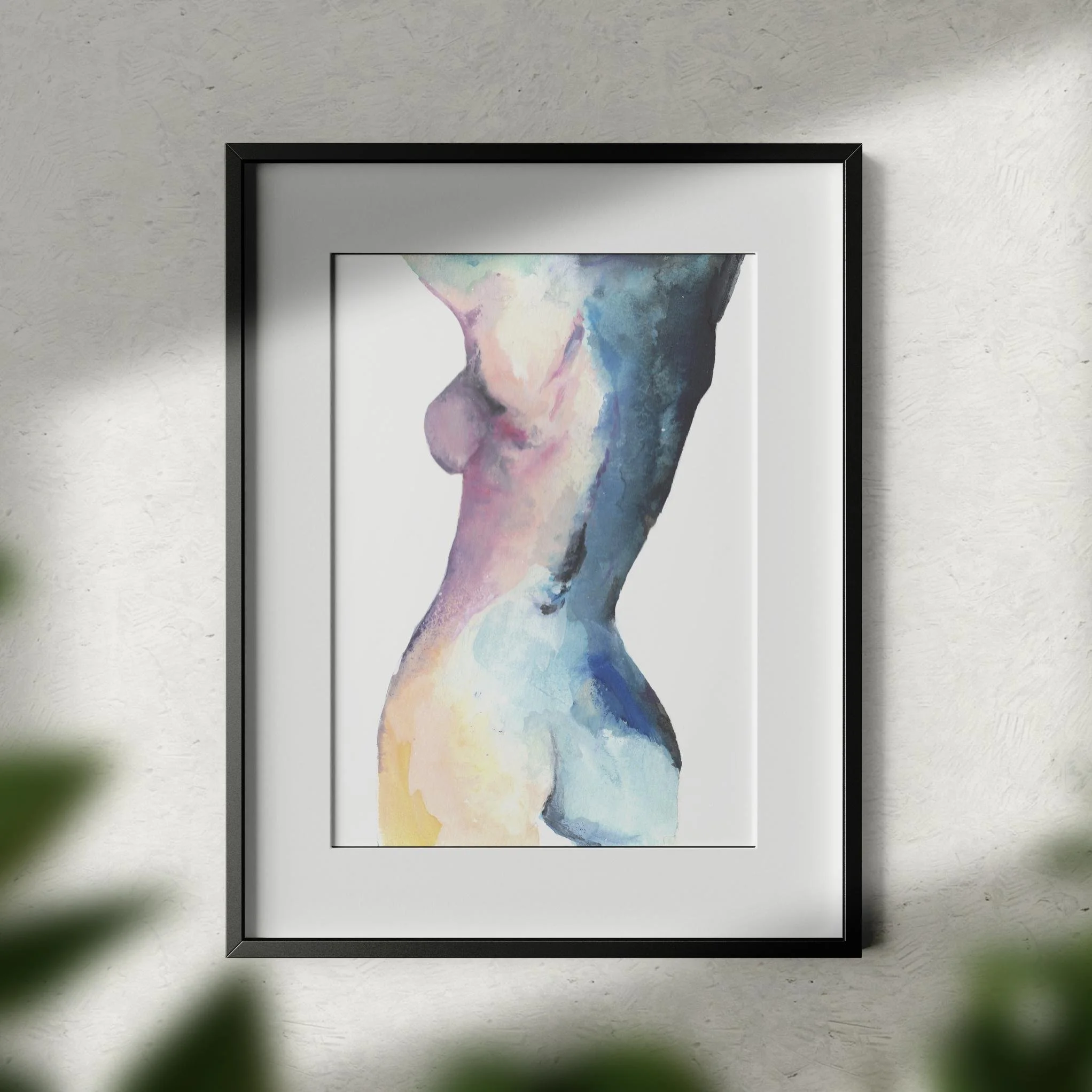 Blue Pink Back painting hanging above a bed in a modern gray bedroom with soft lighting and simple, elegant decor.