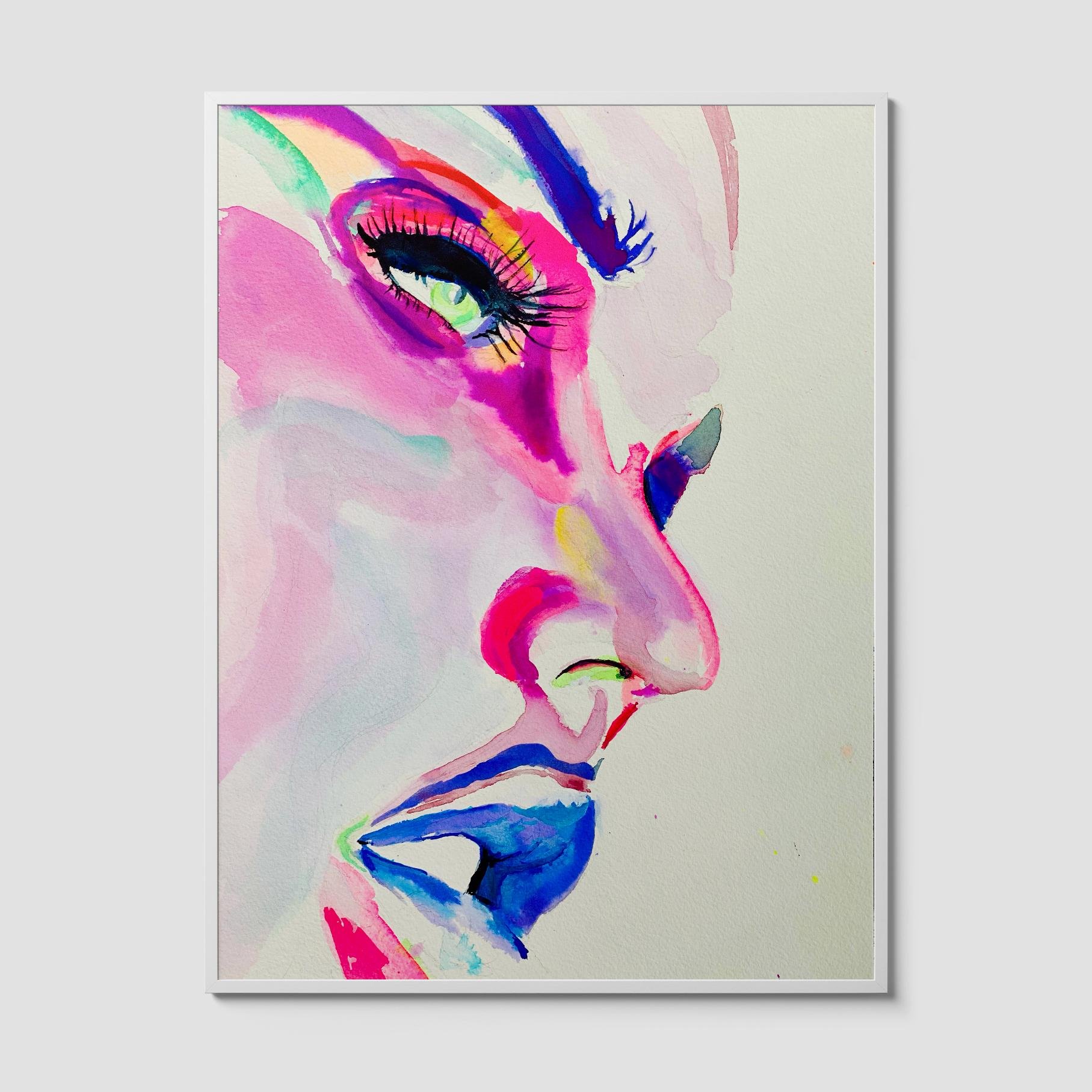 Close-up of a colorful watercolor painting titled Copacabana, featuring a dramatic female face in vibrant pink, purple, and blue tones with striking eyelashes.