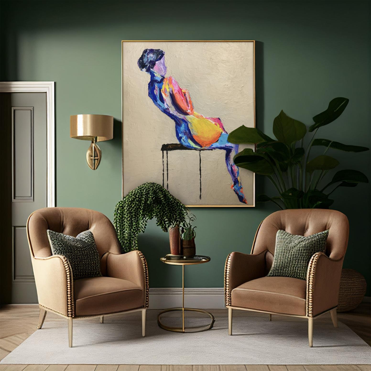 Painting showcased in an elegant green room with velvet chairs and gold accents, where the bright figure contrasts against the soft sage backdrop.