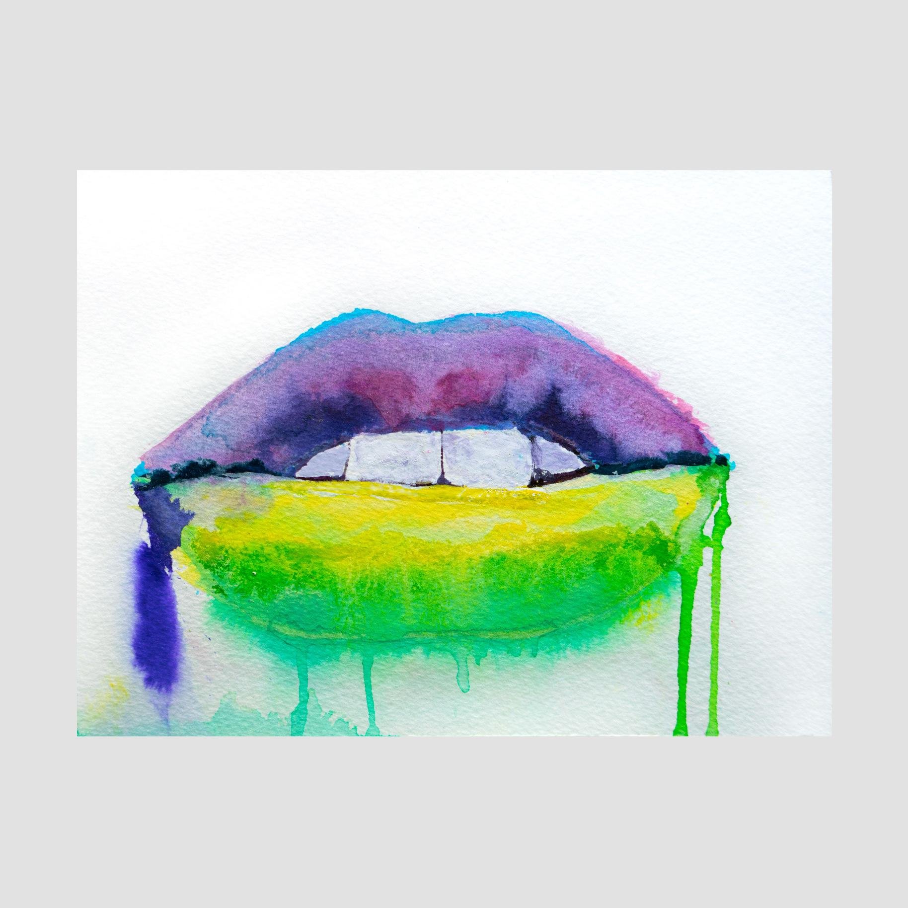 Watercolor painting of lips with deep purple upper lip and vibrant green-yellow lower lip, dripping with fluid color on a white background, teeth slightly showing.
