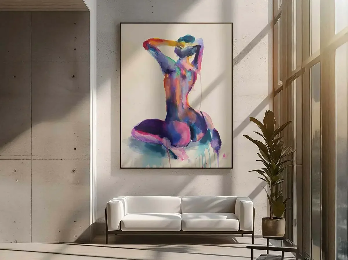 Mockup of large colorful contemporary sensual nude watercolor painting by Nick Horvath hanging in modern living room above white sofa – vibrant purple, pink, orange, and blue abstract reclining female figure with drips on light concrete wall