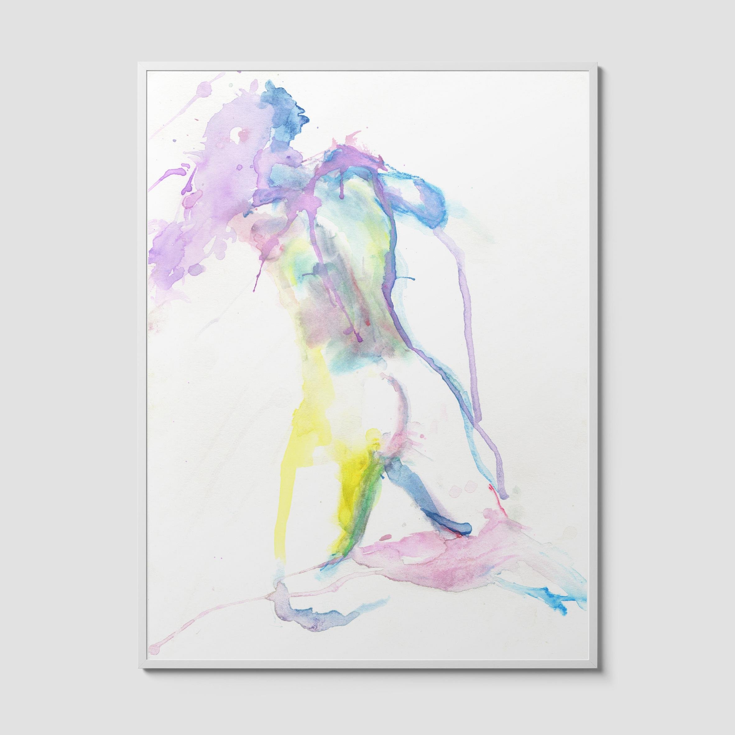 erotic watercolor figure painting in soft purple, yellow, and blue with expressive, fluid strokes