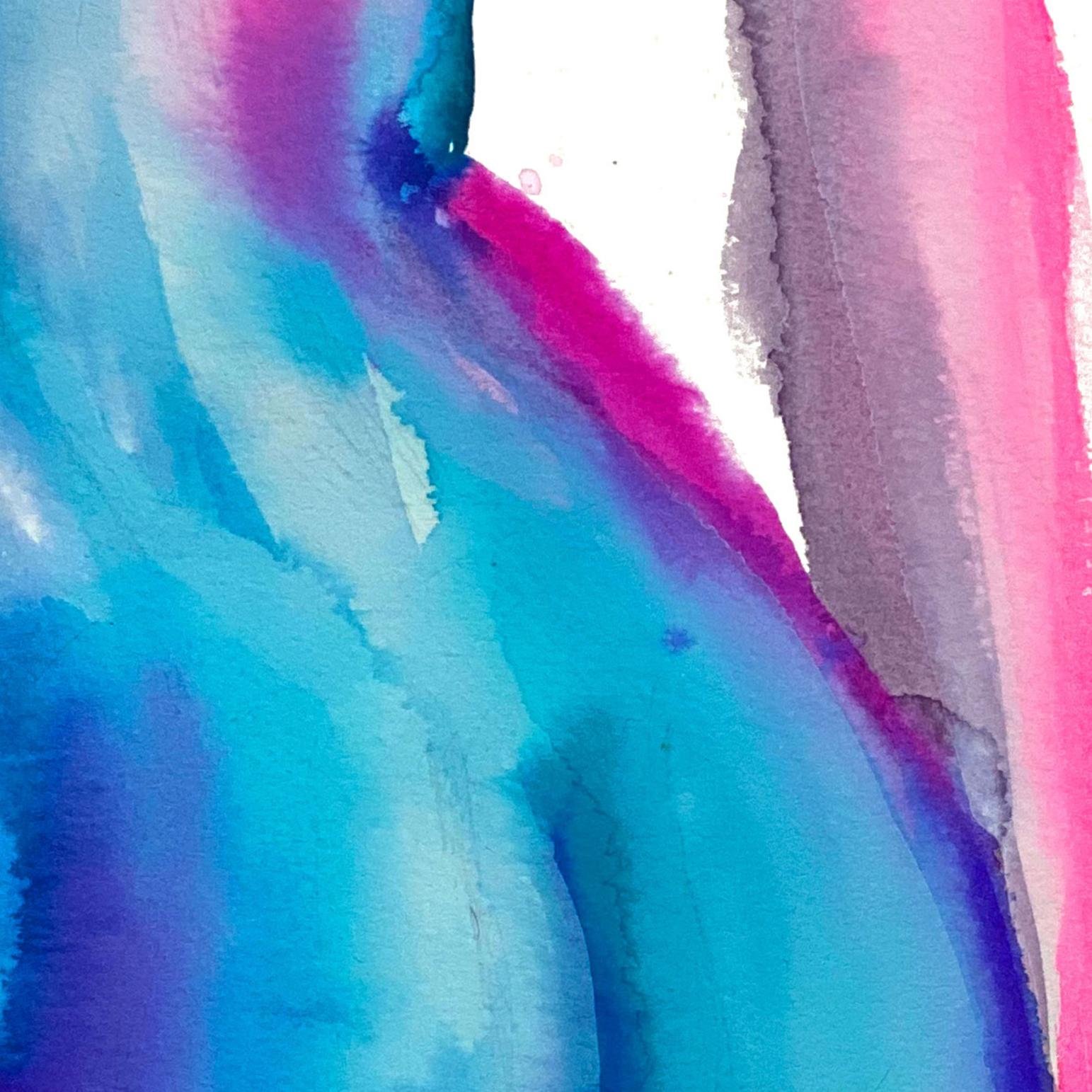 Close-up of “Aqua Back,” revealing the subtle blending of turquoise, violet, and magenta brushstrokes with soft textures and watery flow.