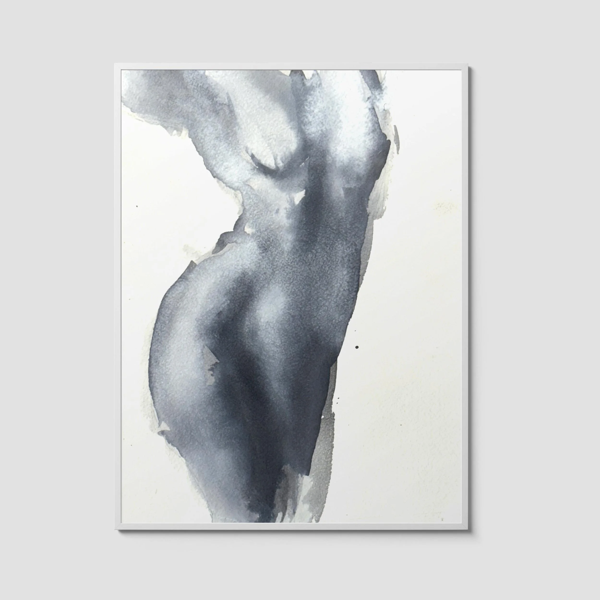 Minimalist close-up of a woman’s curved torso in flowing black-and-white watercolor, evoking movement and softness.