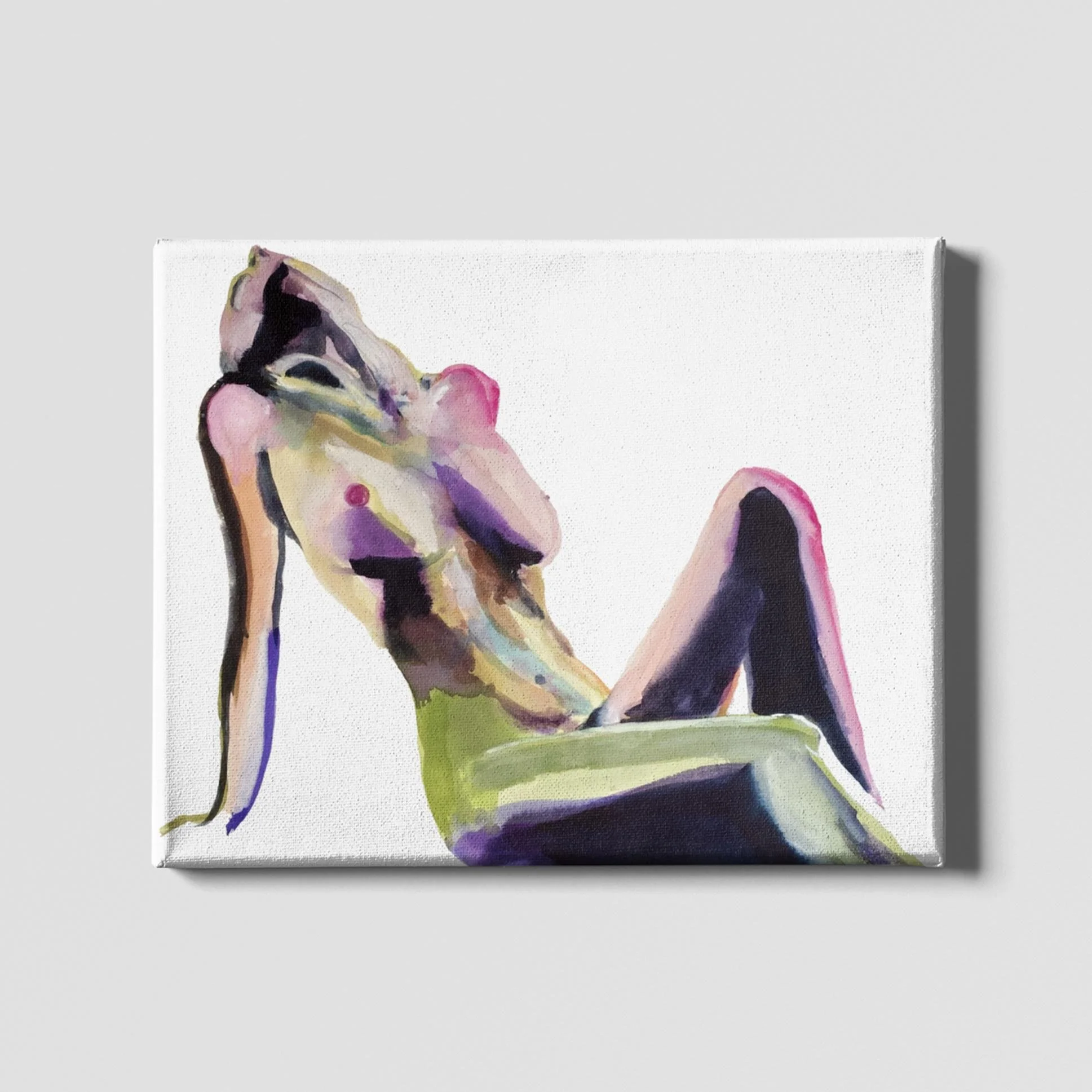 Vibrant watercolor of a nude female figure reclining in sunlight, rendered in glowing greens, purples, and pinks against a crisp white background.