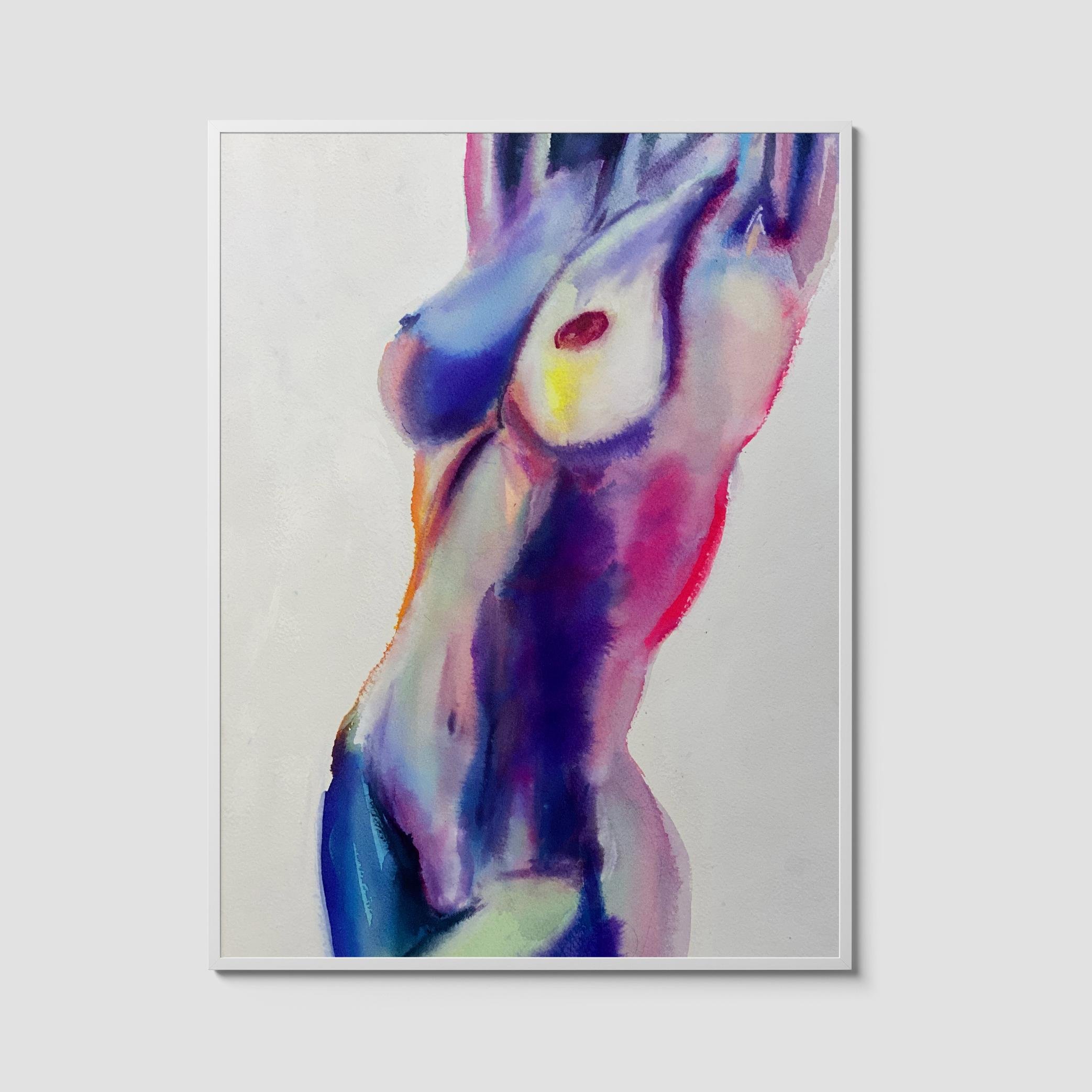 Sultry, a colorful abstract nude torso watercolor painting by Nick Horvath, featuring vivid flowing strokes in purple, pink, and blue on white paper.