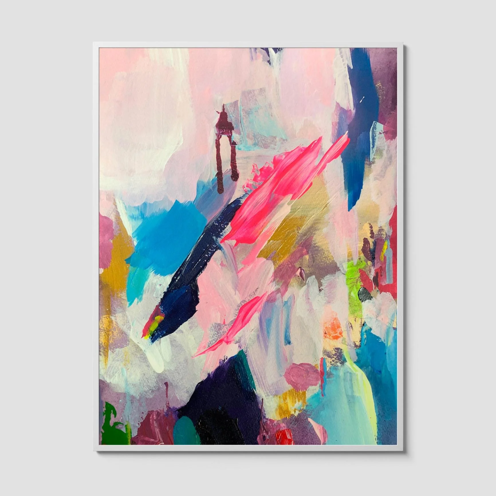 Colorful abstract acrylic painting titled Mutiny with vibrant pink, blue, green, and gold tones in bold, expressive brushstrokes.