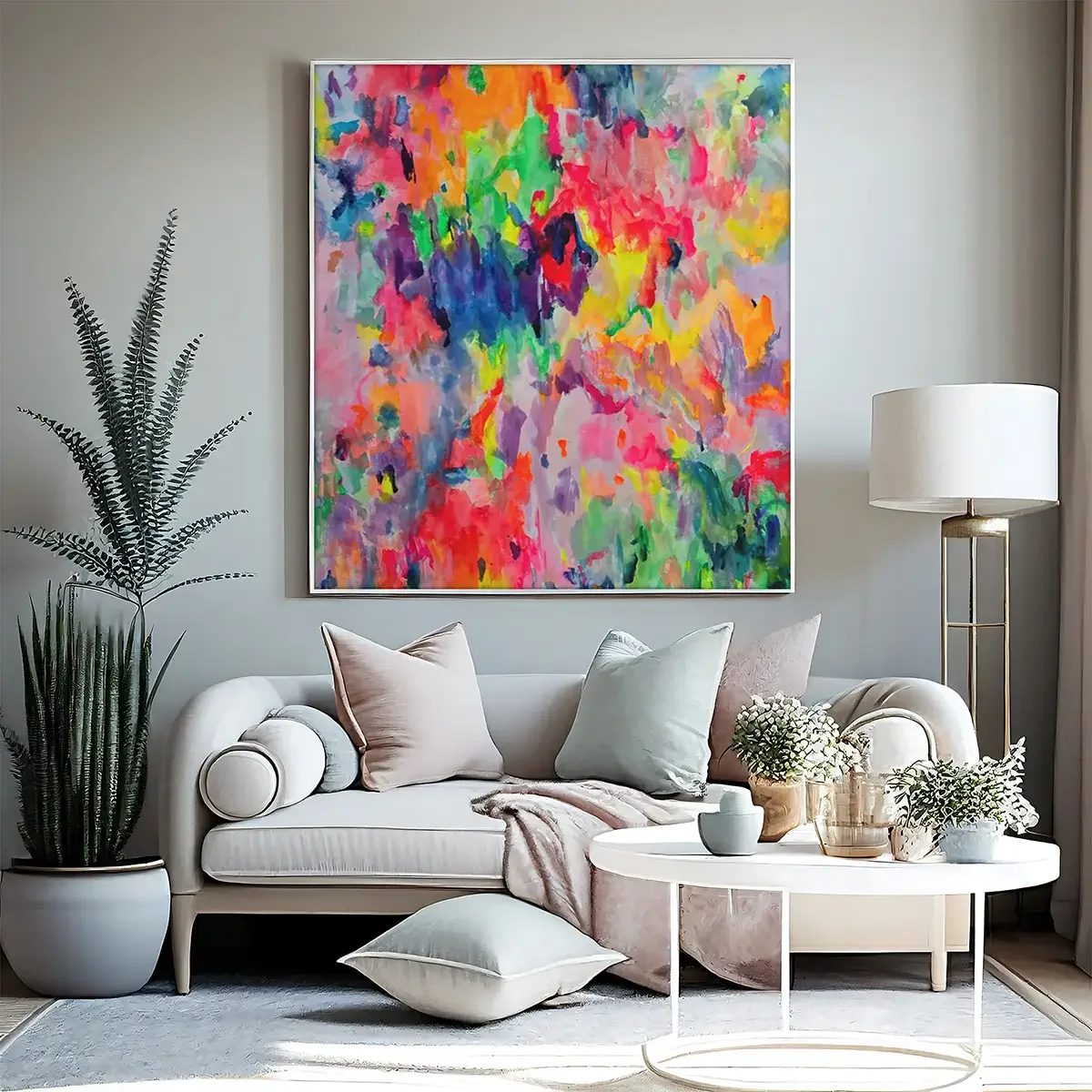 Large vibrant abstract painting with bold multicolor brushstrokes displayed above a modern living room sofa by artist Nick Horvath.