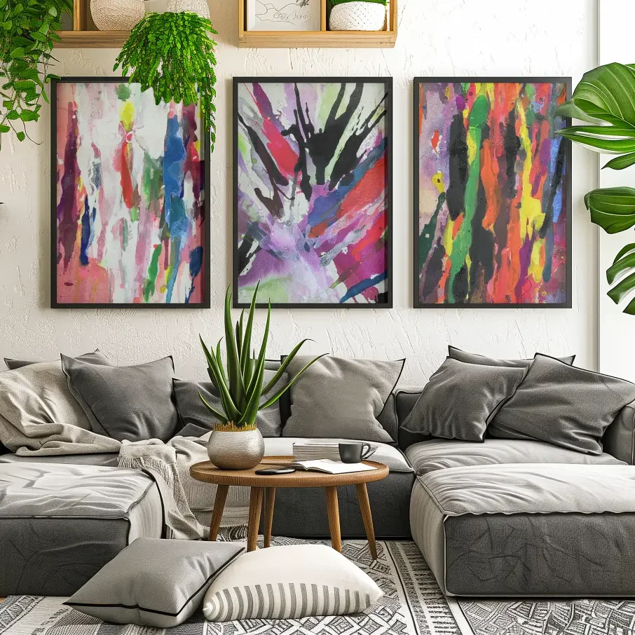 Three framed abstract watercolor paintings with colorful drips and bold central burst displayed above a gray sectional sofa in a modern living room with green plants and natural decor.