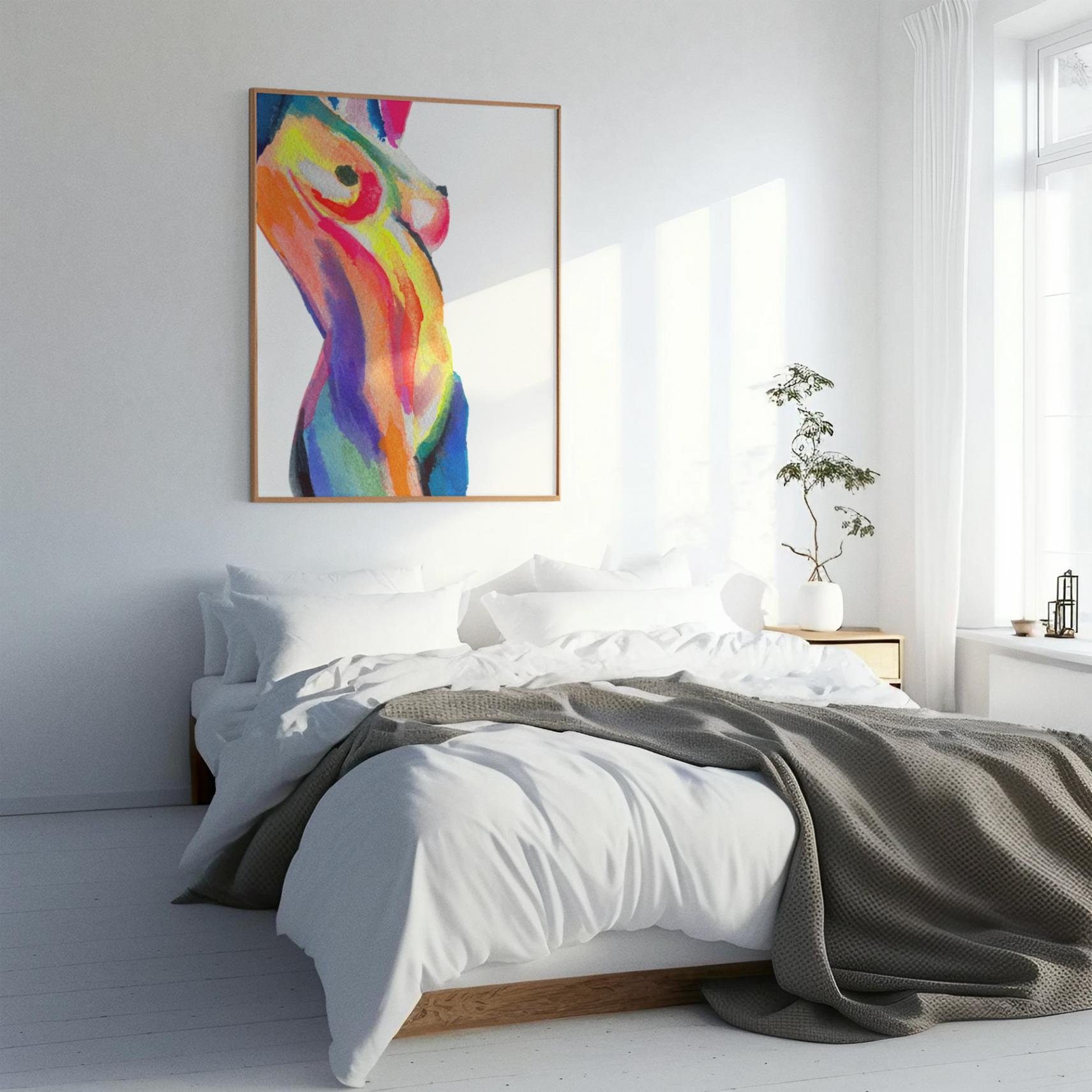 Framed painting of a radiant abstract nude in a sunlit bedroom with white linens, blending art and minimalistic interior design beautifully.