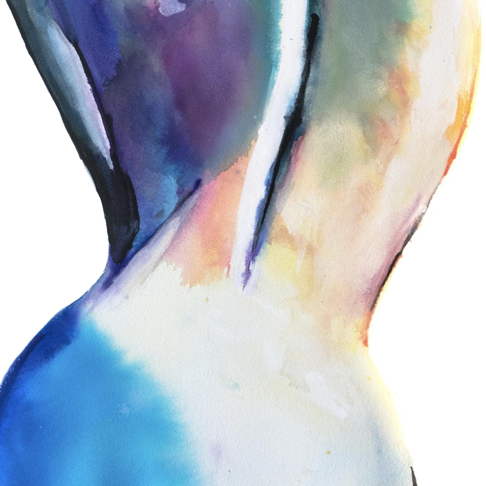 A close-up detail of the same painting, highlighting the rich transitions between purples, yellows, and blues along the lower back and hip.