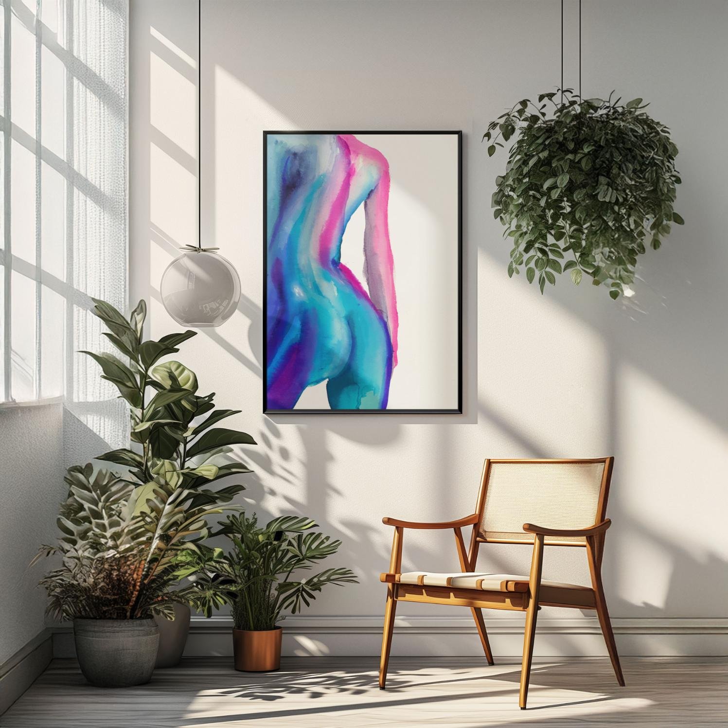 “Aqua Back” displayed in a bold, modern living space above a black leather sofa and beside a lush potted plant, balancing sensuality with contemporary design.