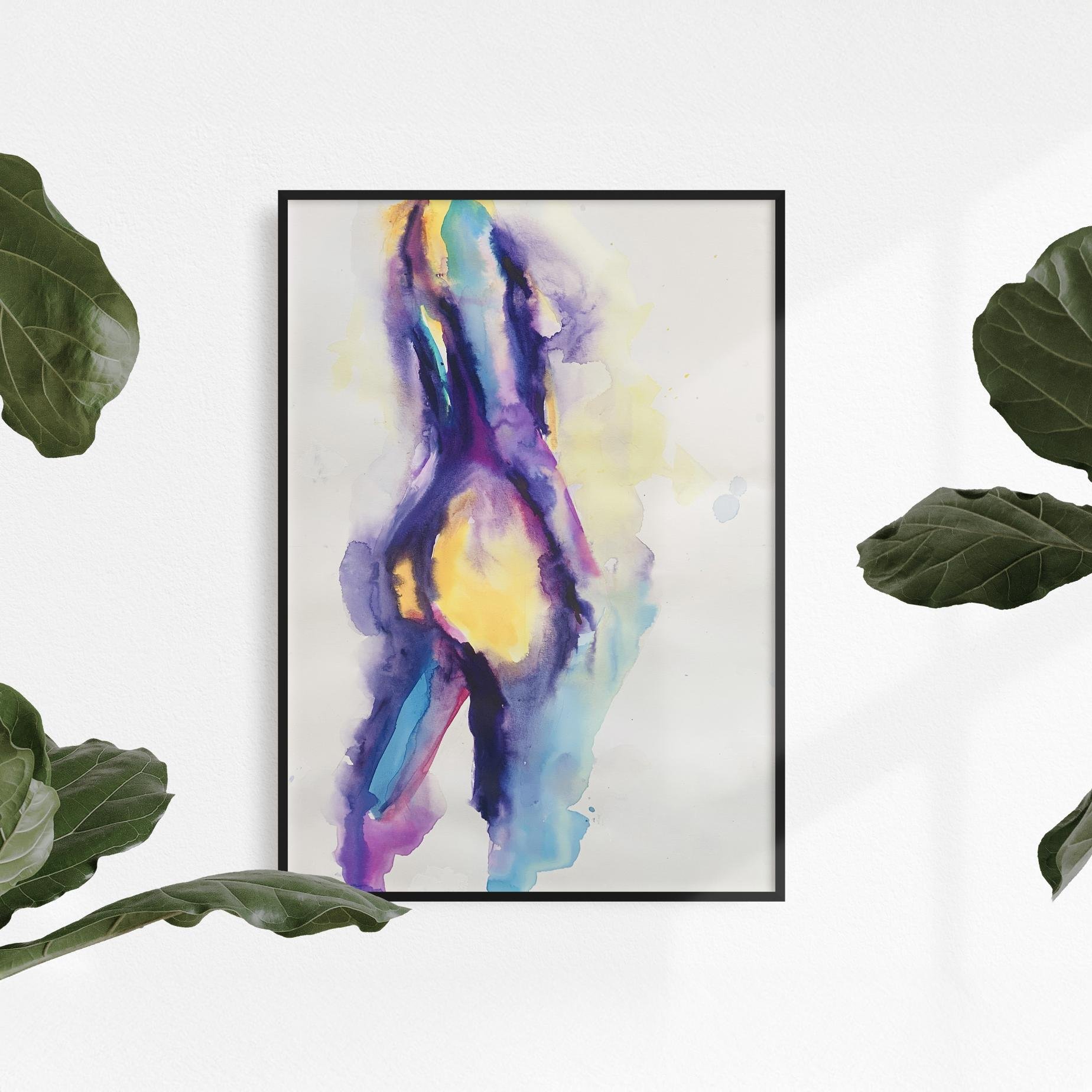 The abstract nude painting framed in black, displayed between large leafy plants on a white wall, enhancing its soft yet vibrant energy.