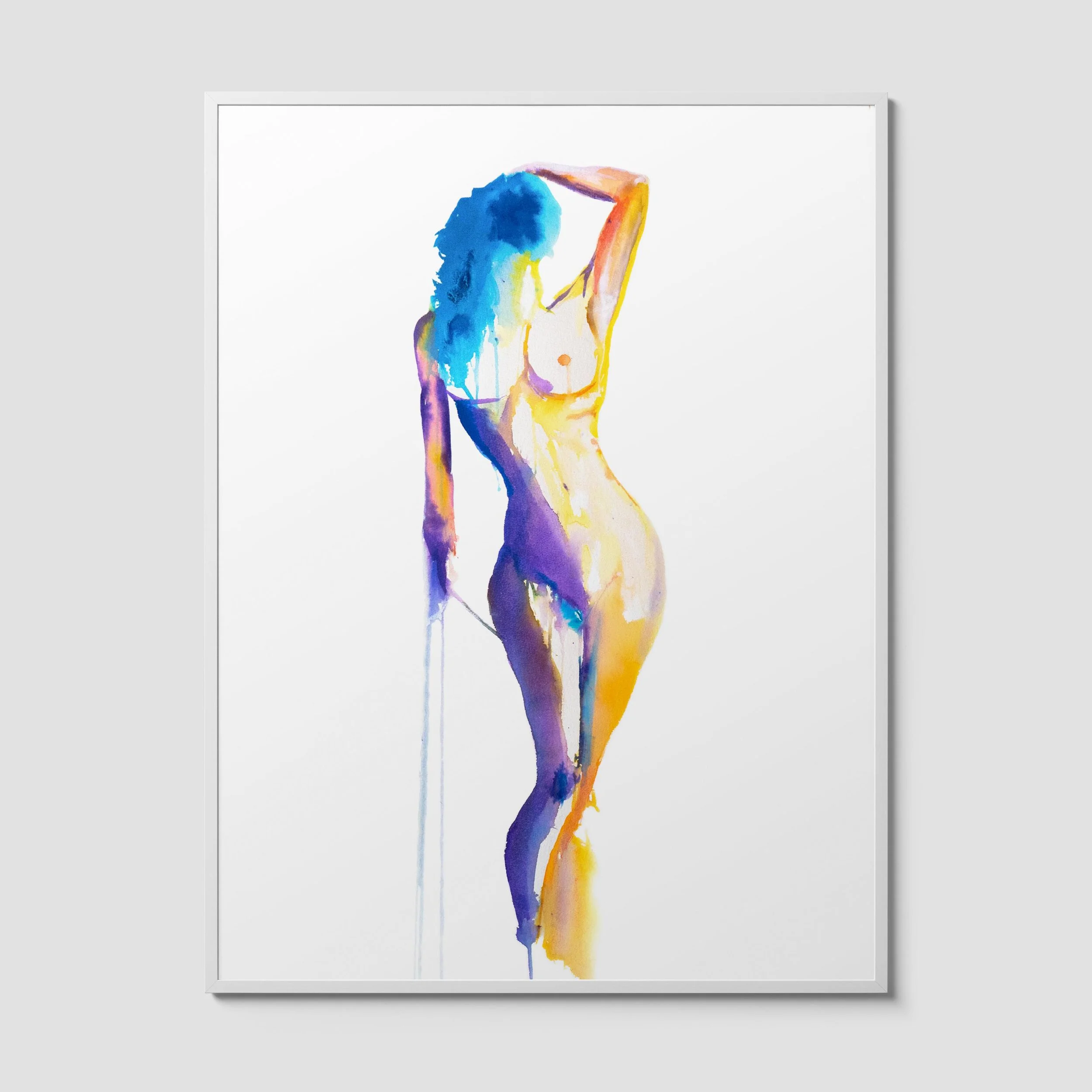 Watercolor painting titled Aura showing a colorful female silhouette with blue, purple, and gold tones