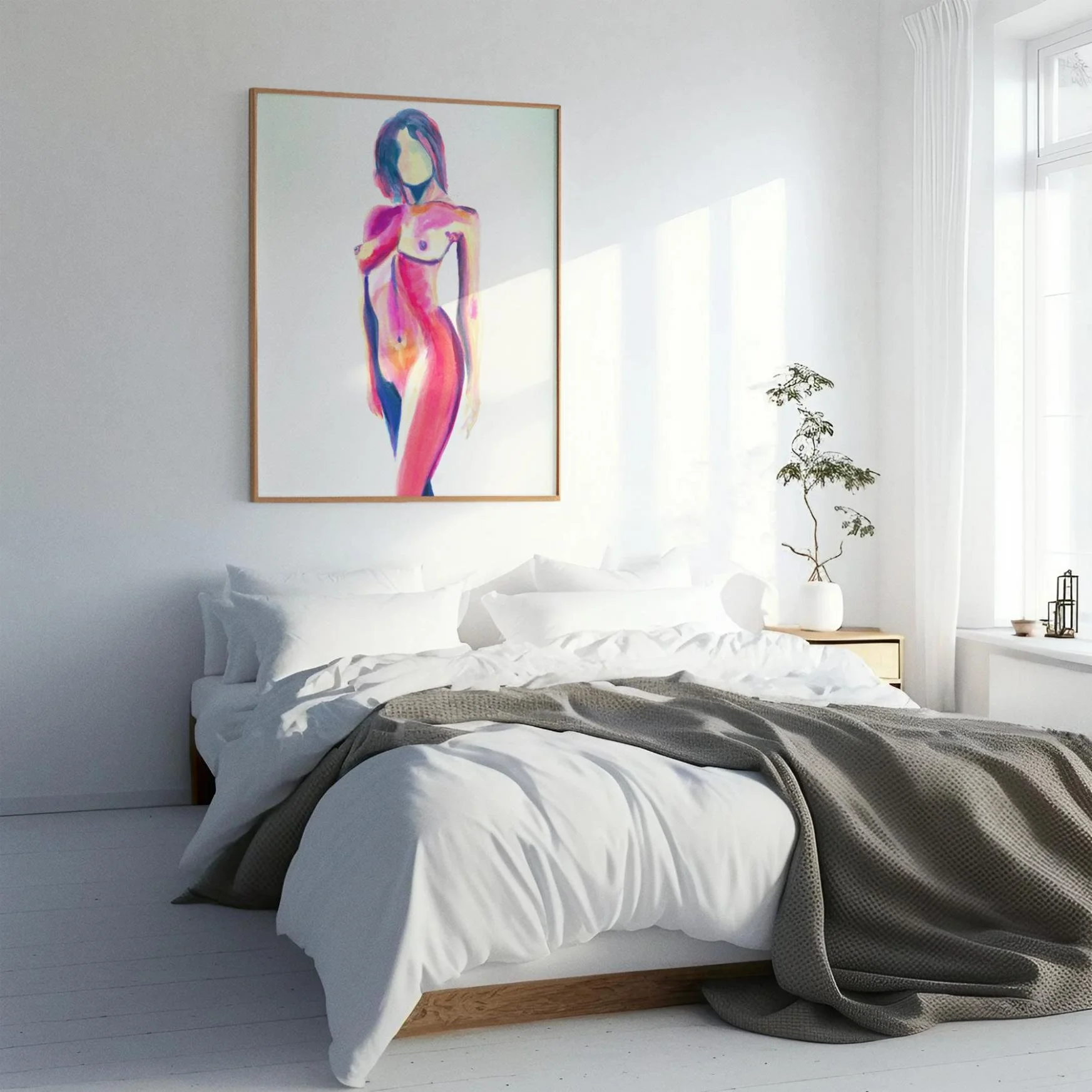 "Seria" abstract nude painting above a minimalist white bed, infusing vibrant sensuality into a serene, light-filled bedroom.