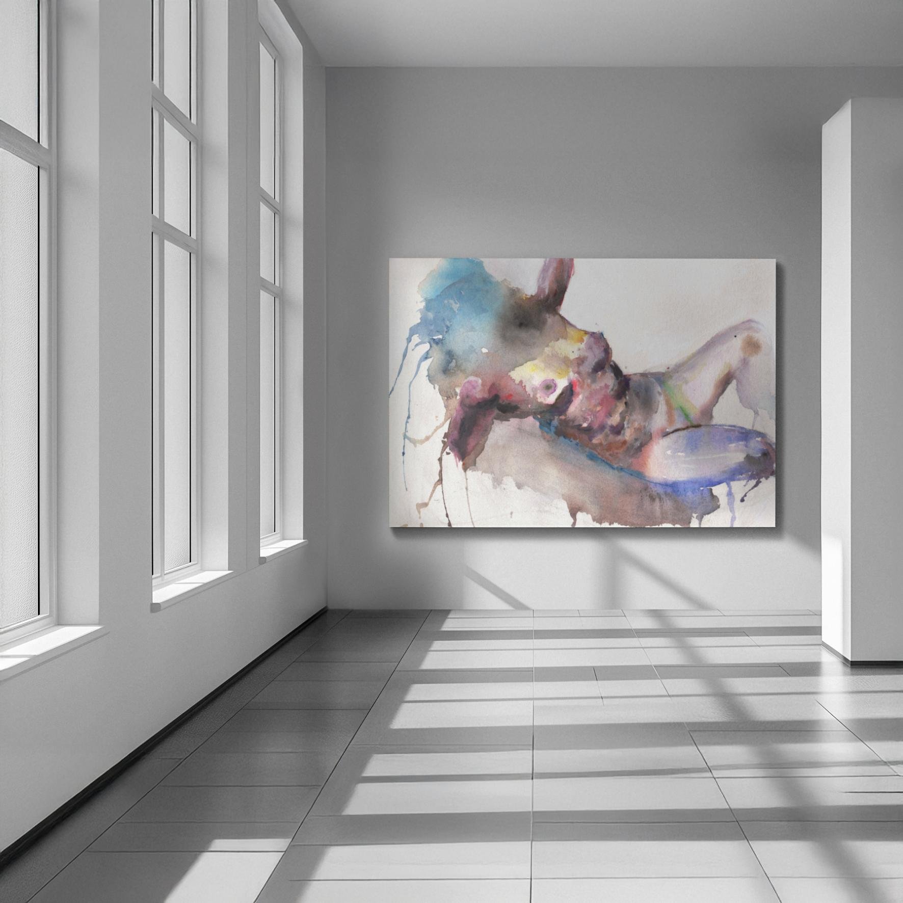 Gallery-style interior with dramatic sunlight illuminating a large nude watercolor painting on a white wall, enhancing the artwork’s bold brushwork and fluidity.