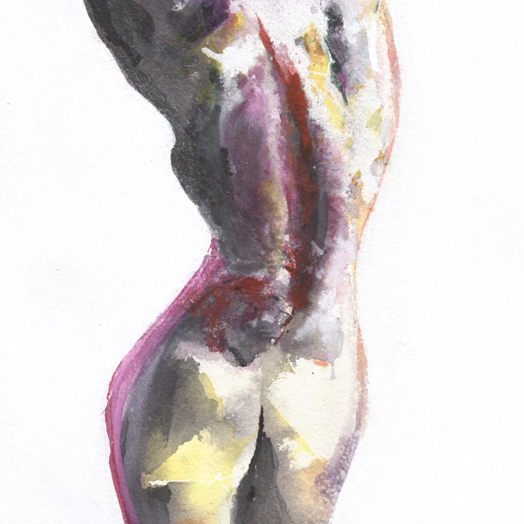 Close-up of textured watercolor detailing a nude back with rich violet, red, and charcoal tones, revealing expressive brushwork and bold contrast.