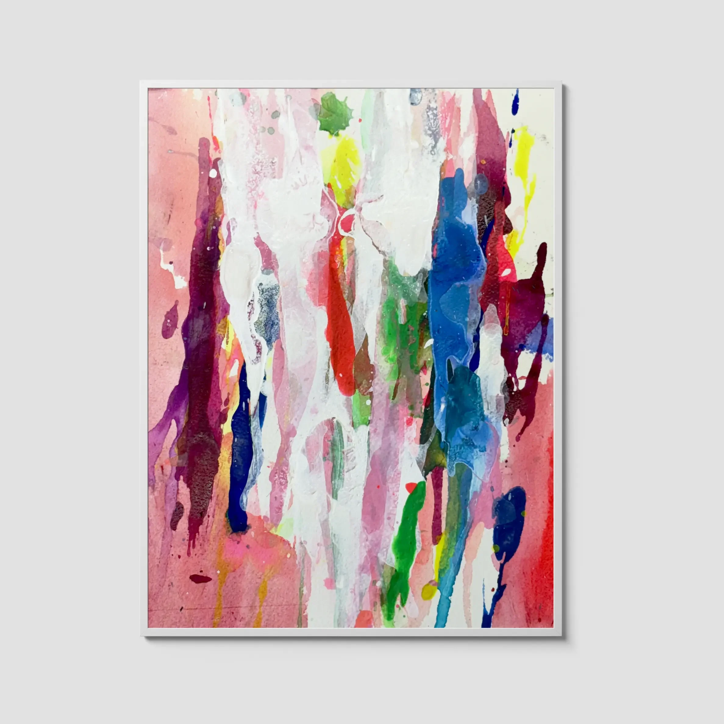 Abstract watercolor painting with soft pink pastel background and colorful vertical drips in blue, green, yellow, red, and white, displayed in a white frame.
