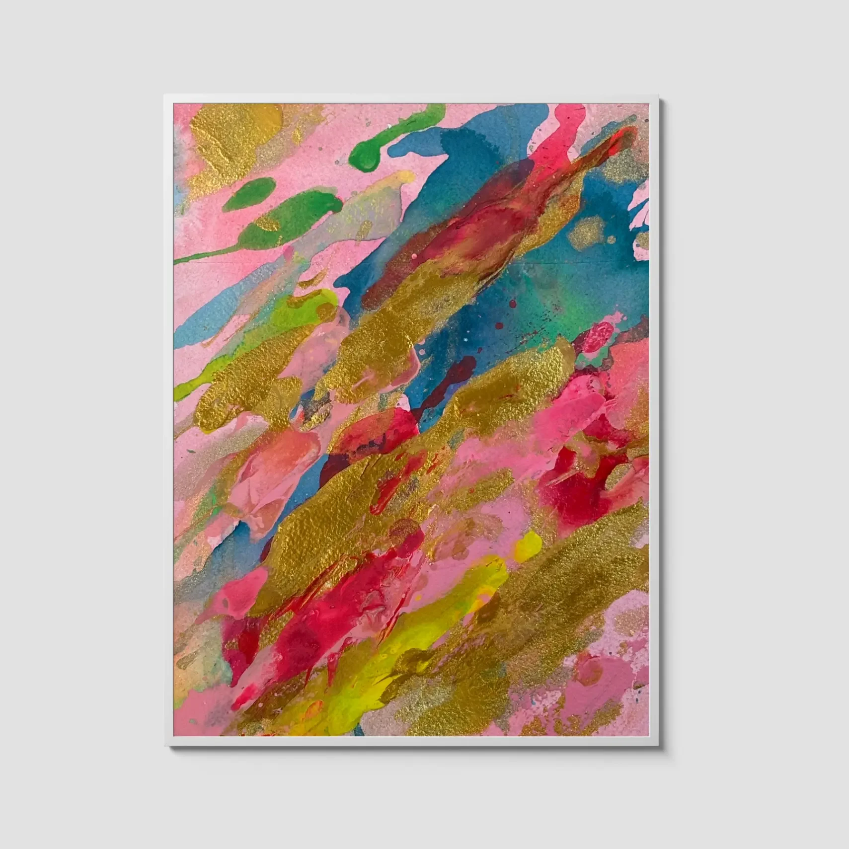 Abstract watercolor painting with pink background, bold teal and red strokes, and textured metallic gold accents, displayed in a white frame.