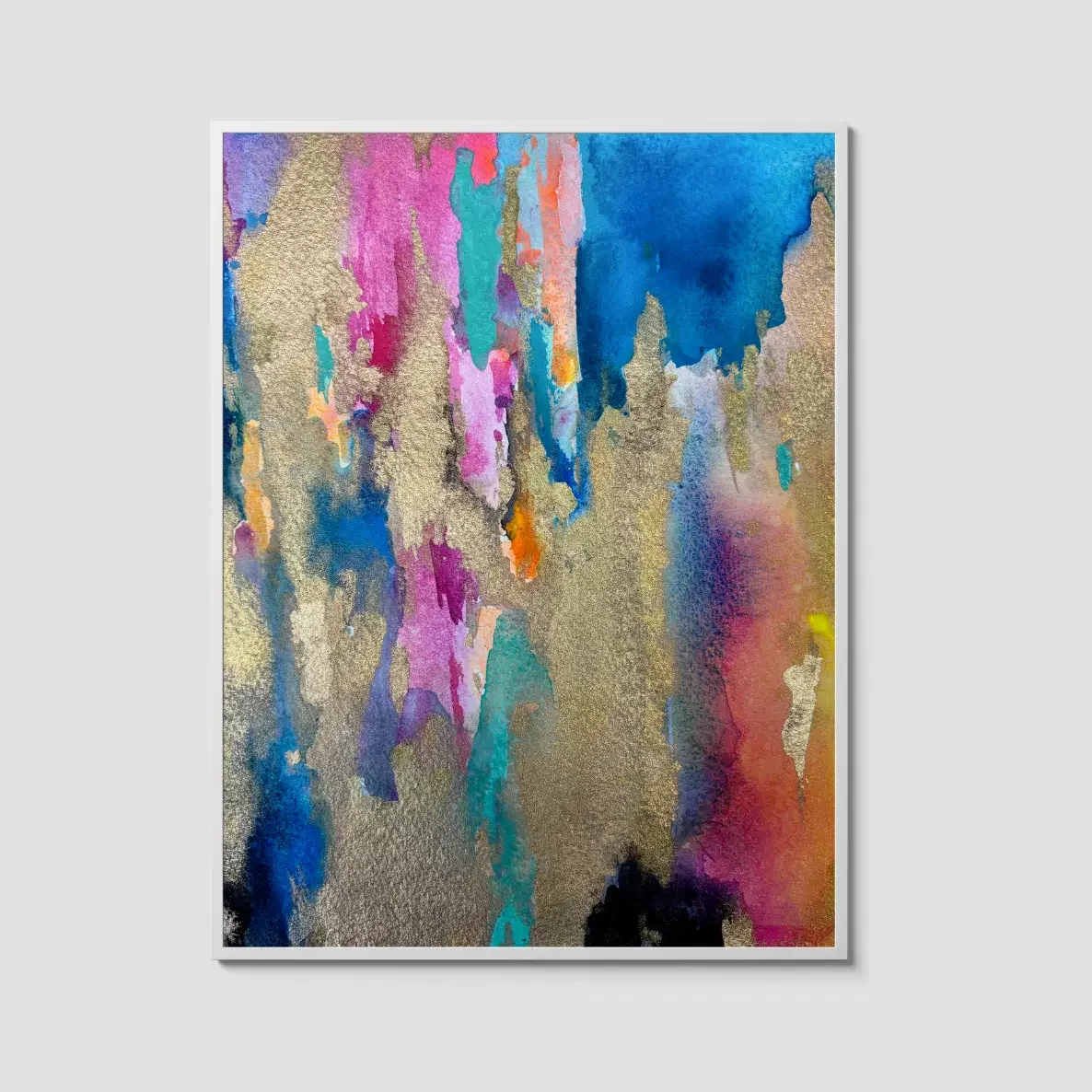 Abstract watercolor painting with rich blue, teal, pink, and orange tones layered over textured metallic gold, displayed in a white frame.