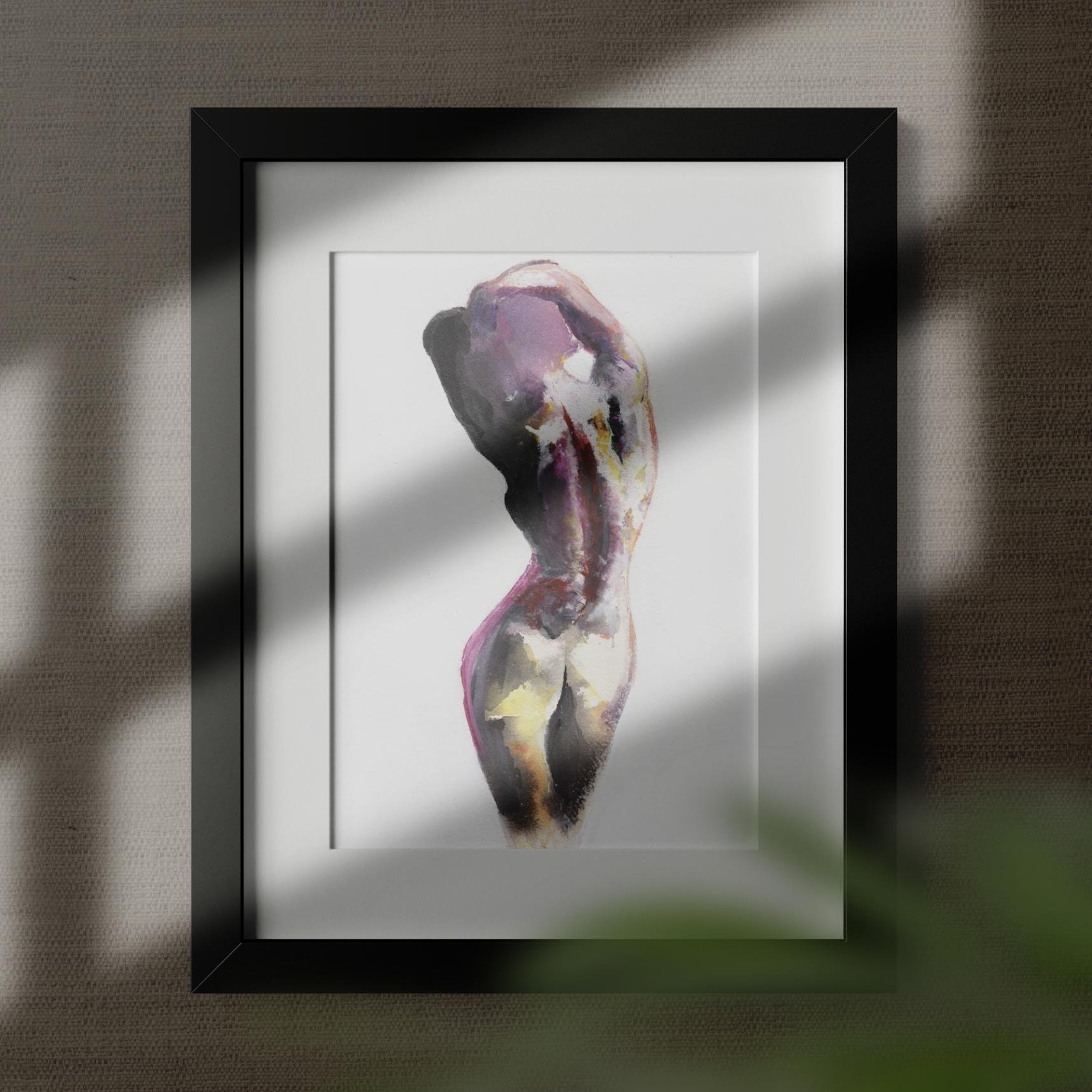 Small framed version of “Back Beauty” in a black frame, lit by soft shadows on a textured wall, showcasing dramatic brushwork and feminine form.