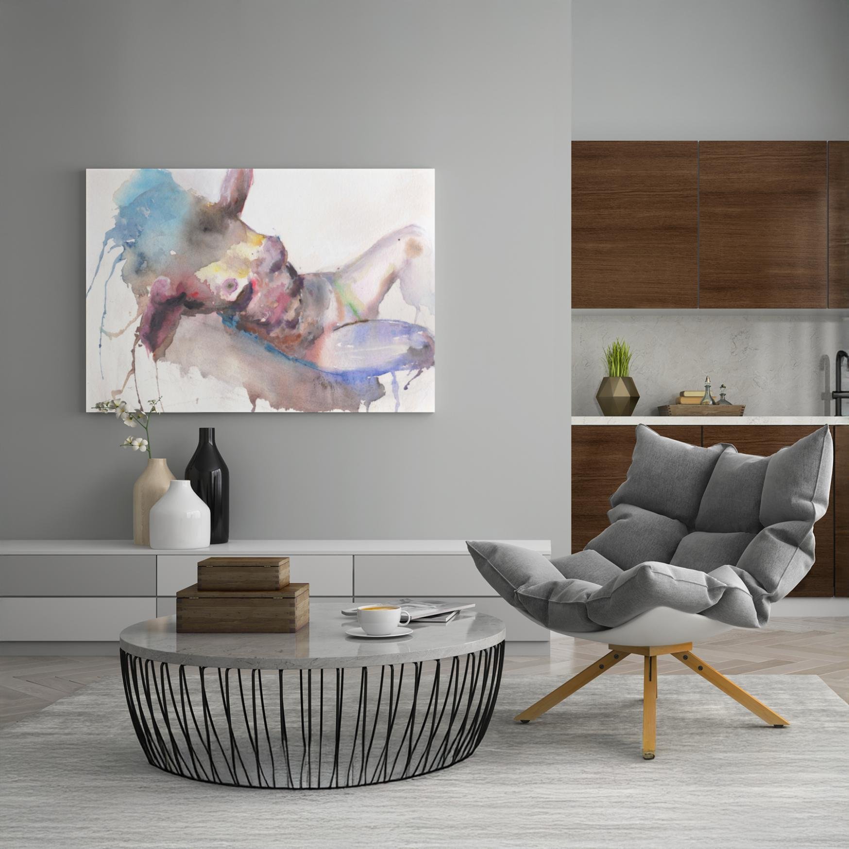Contemporary kitchen-living space with a reclining nude watercolor painting as the focal point above a modern console, creating a striking and artistic ambiance.